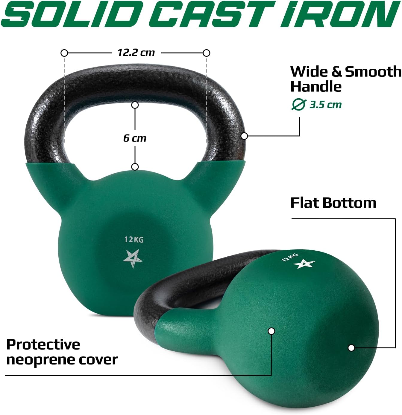 Kettlebell mit Neopren-Coating, 12 kg, Dunkelgrün