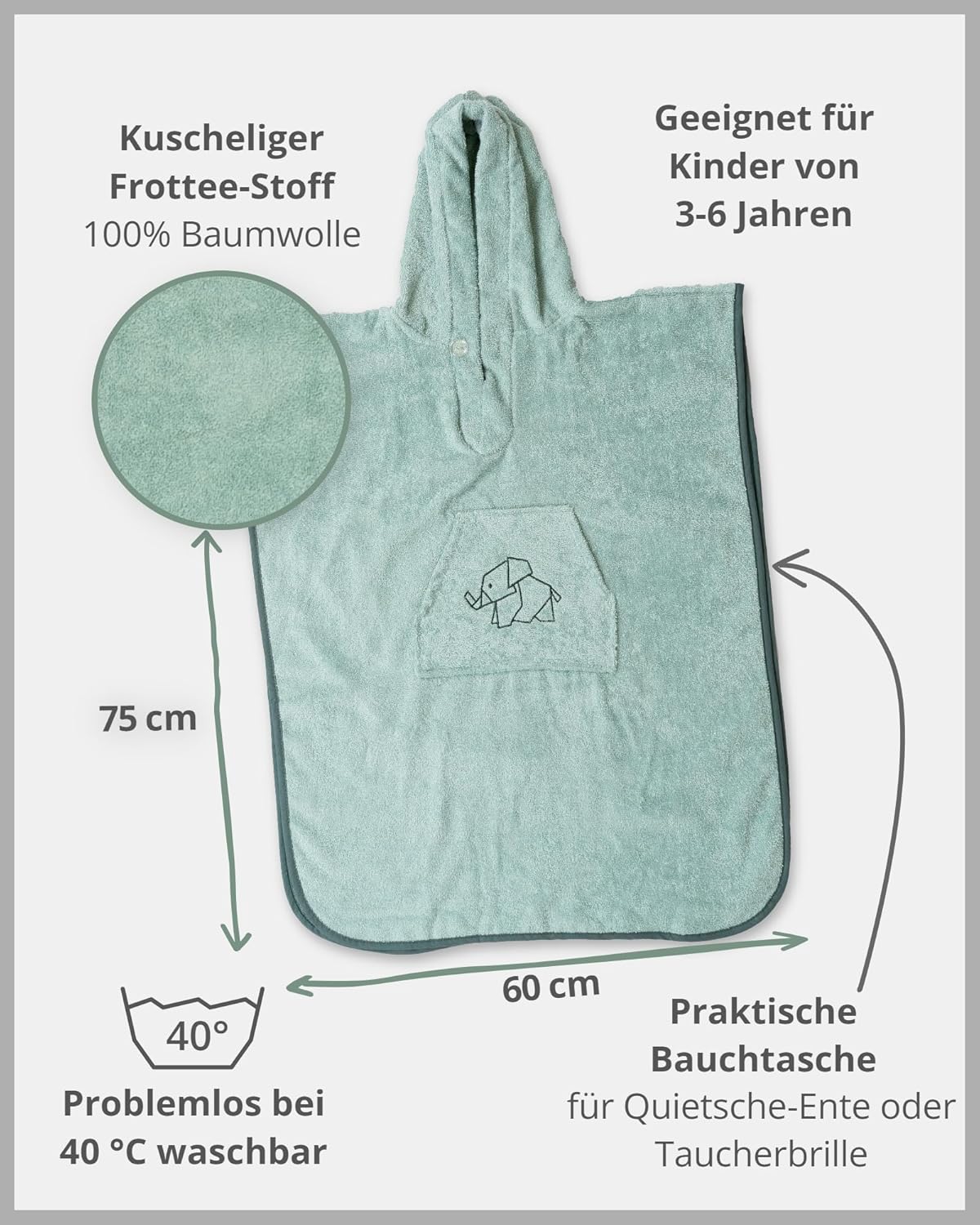 Badeponcho für Kinder, Salbeigrün 3-6 Jahre