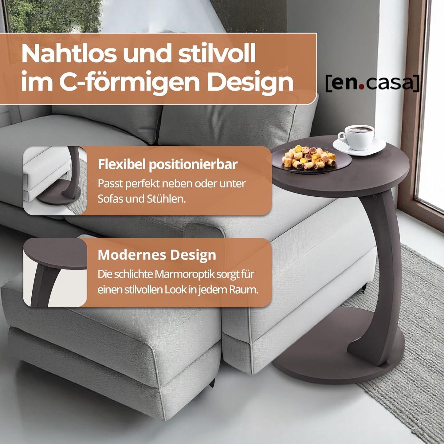 Beistelltisch in C-Form mit Rollen, Grau