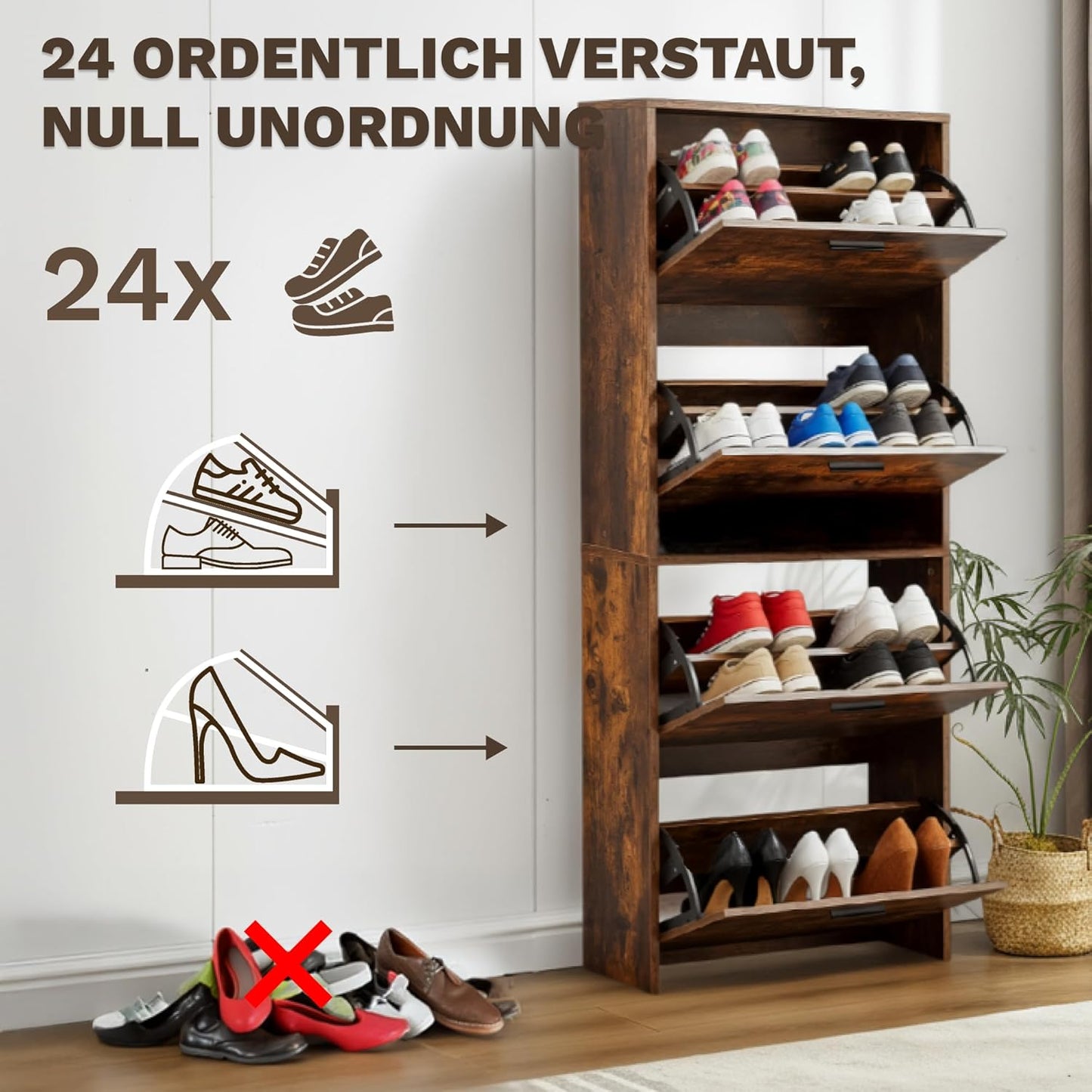 Schmaler Schuhschrank mit 4 Fächern, 4 Fächer Rustikal