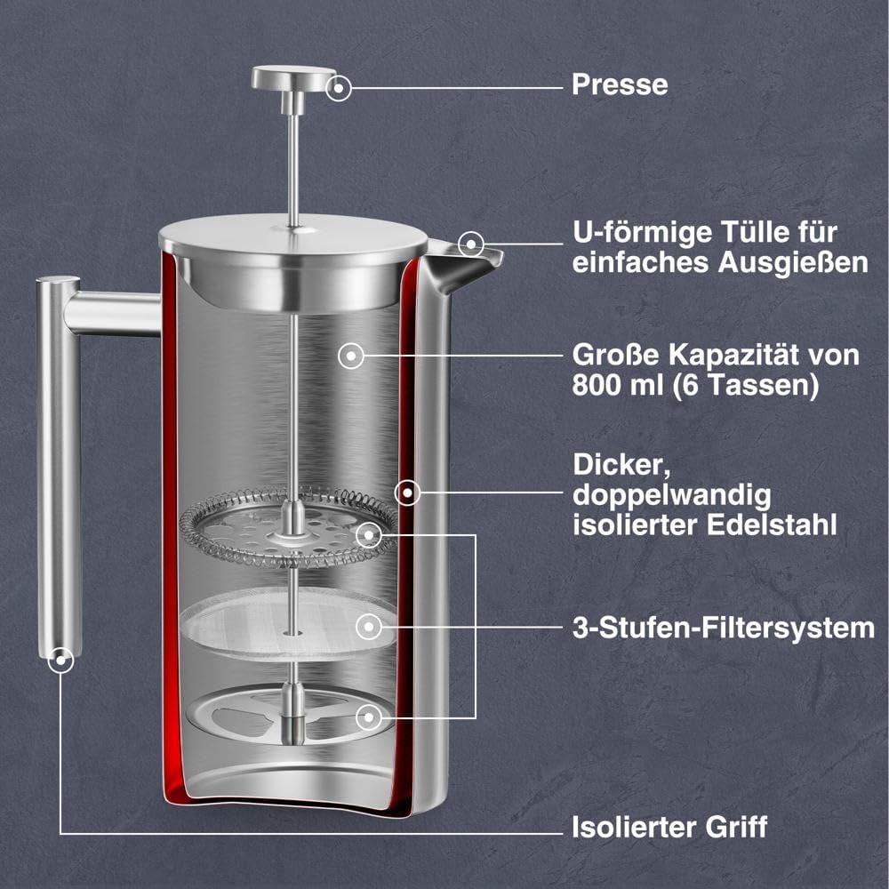 Kaffeepresse für 6 Tassen, Isolierter Kaffeebereiter, 800ml/6 Tassen