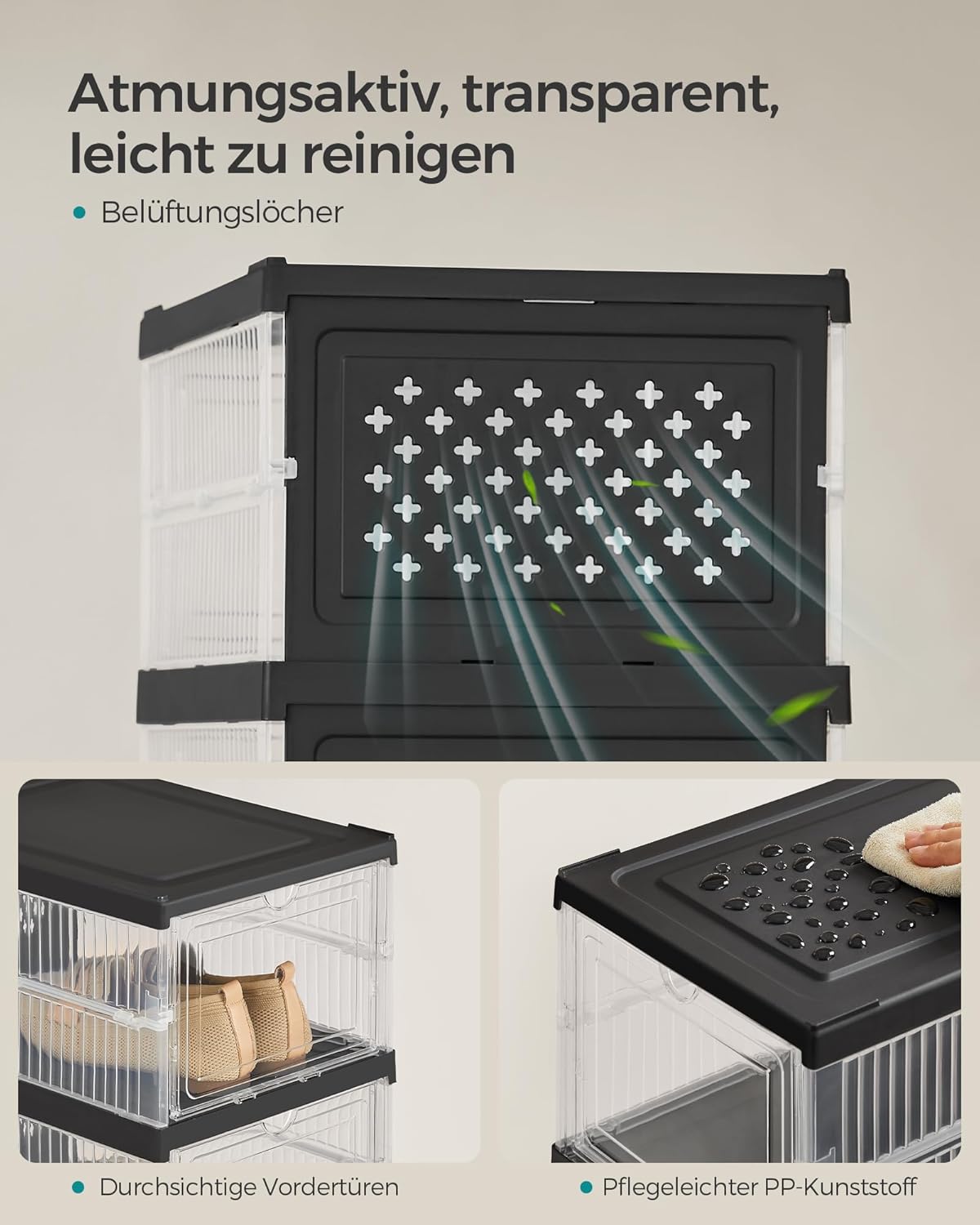 Faltbarer Schuhschrank mit Schuhboxen (Grösse bis 46), Transparent + Tintenschwarz 1