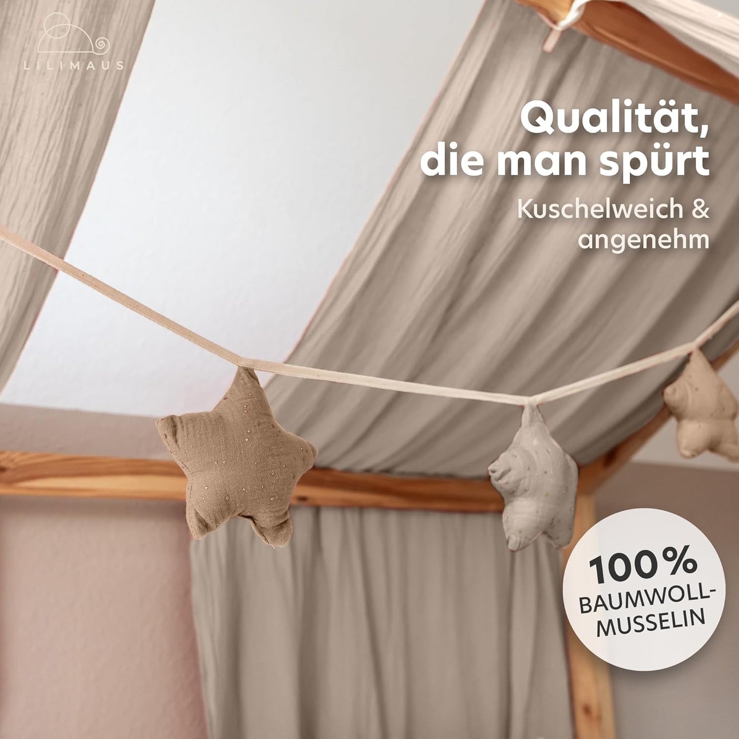 Sternenkette mit Goldapplikation, Hellbeige & Dunkelbeige Sterne mit Goldapplikation