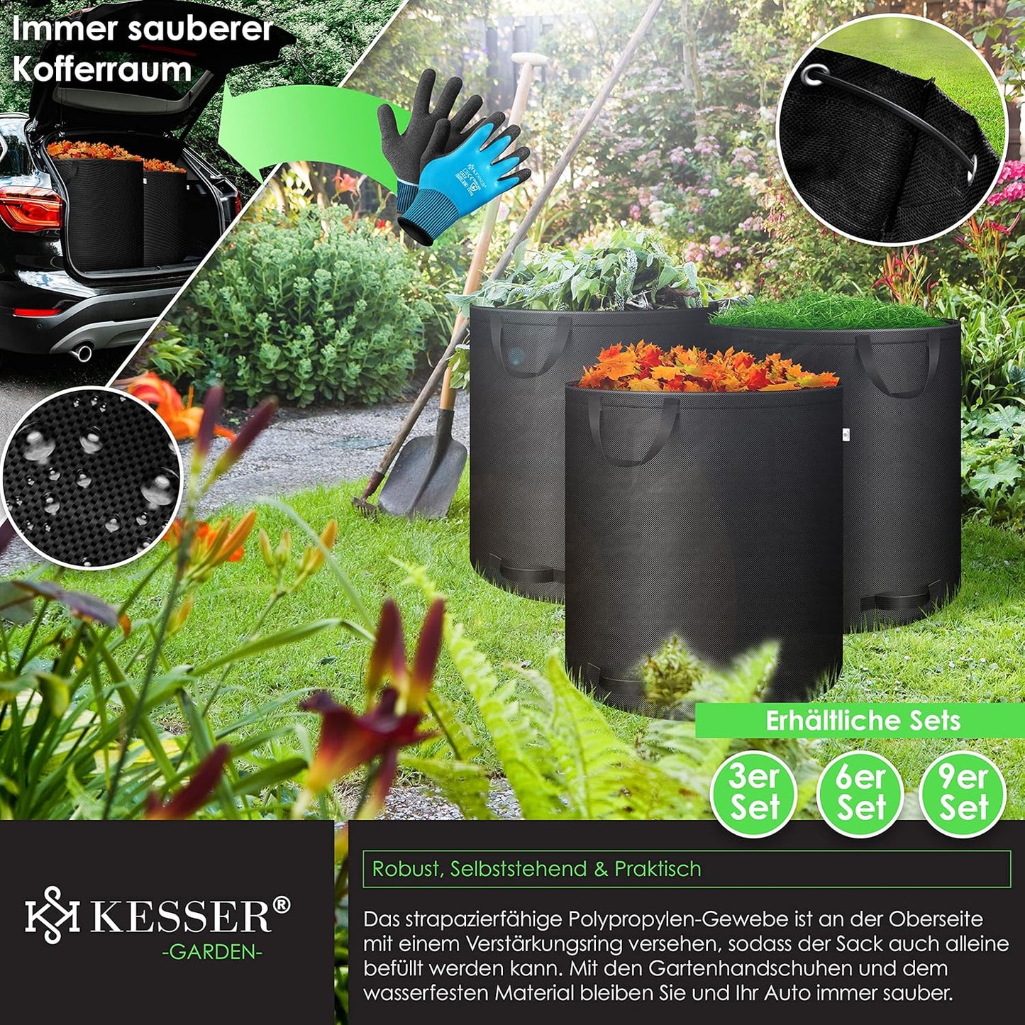 3er-Set Gartensack mit Handschuhen, 272 l (3er Pack) Schwarz