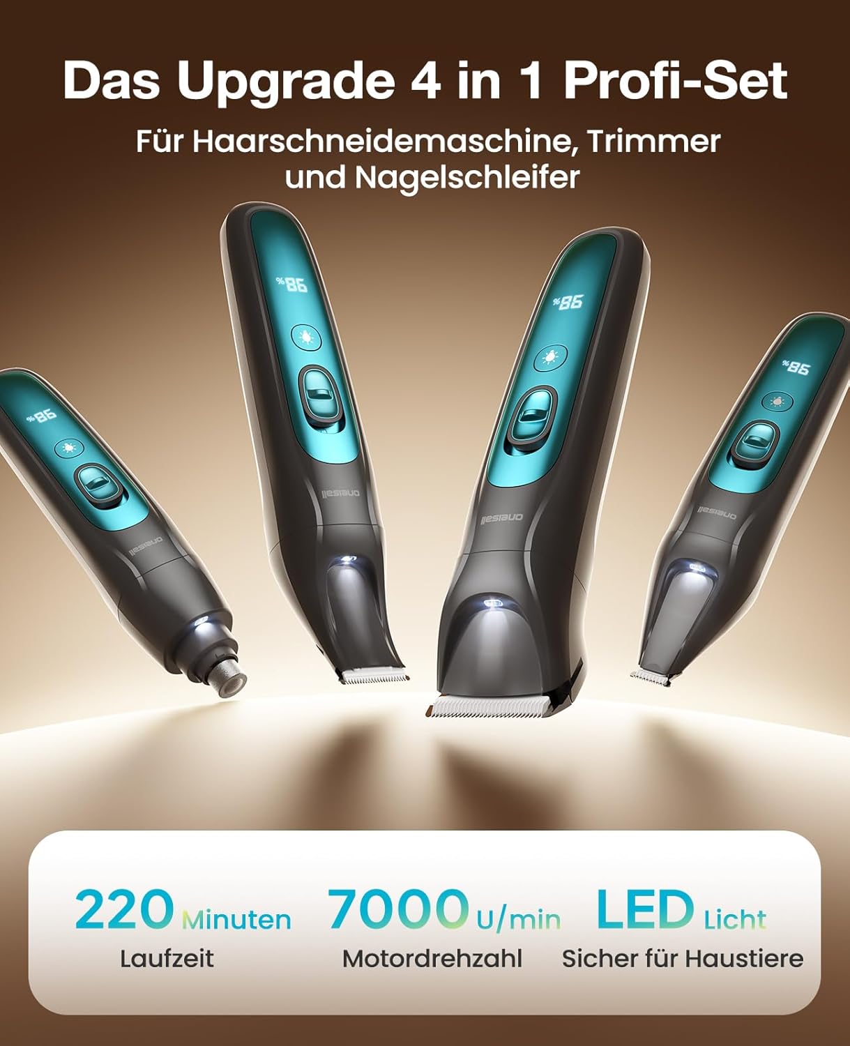 Schermaschine mit LED-Licht für Haustiere, Blau, 4-in-1