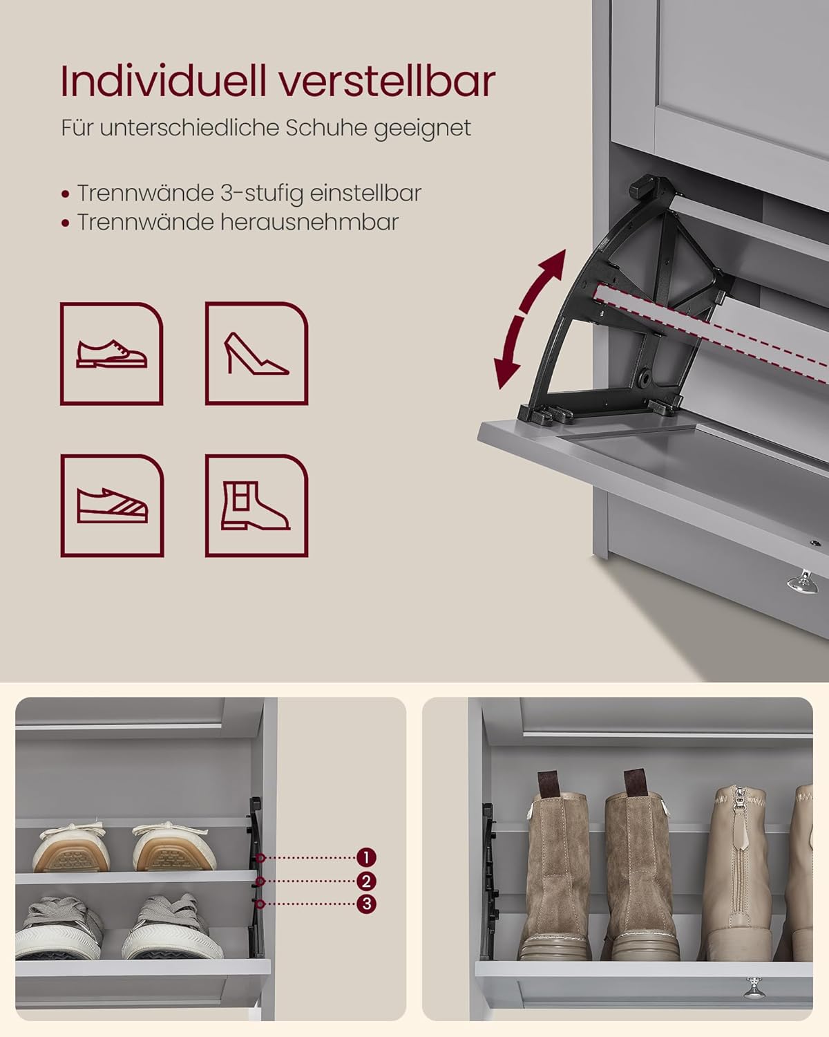 Schuhschrank mit 3 Klappen, Taubengrau