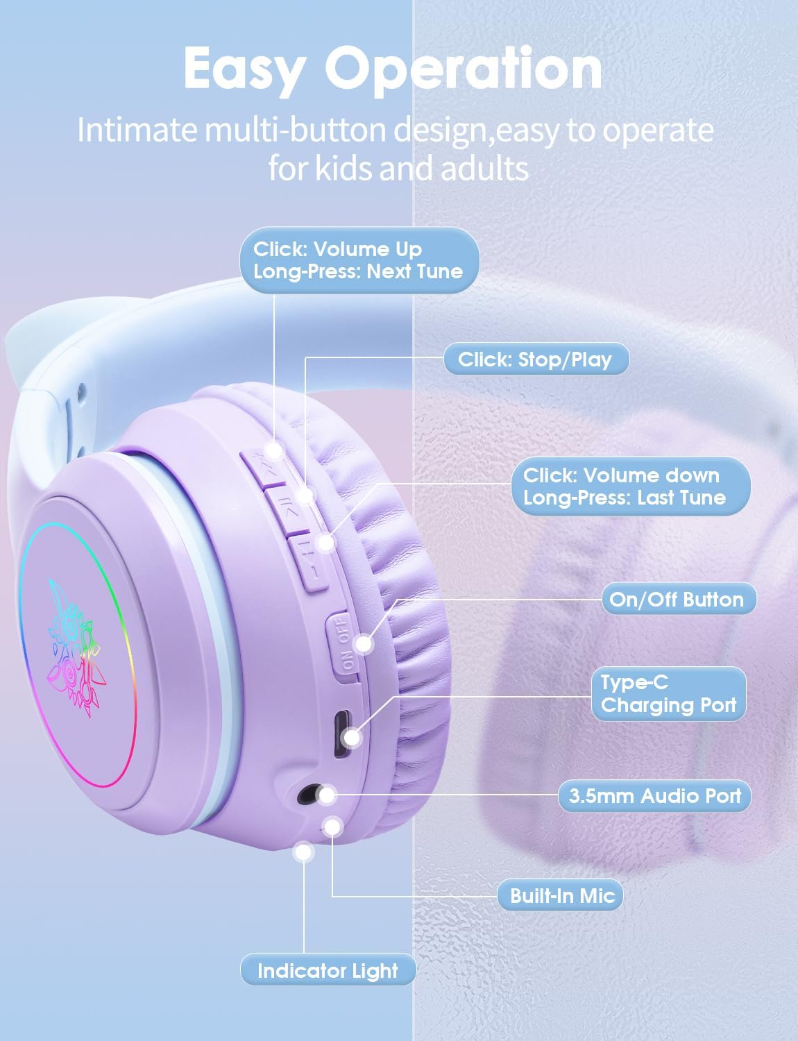 Over-Ear Headset FRKIDD3 mit LED-Katzenohren, Erwachsene, 105 dB, Violett
