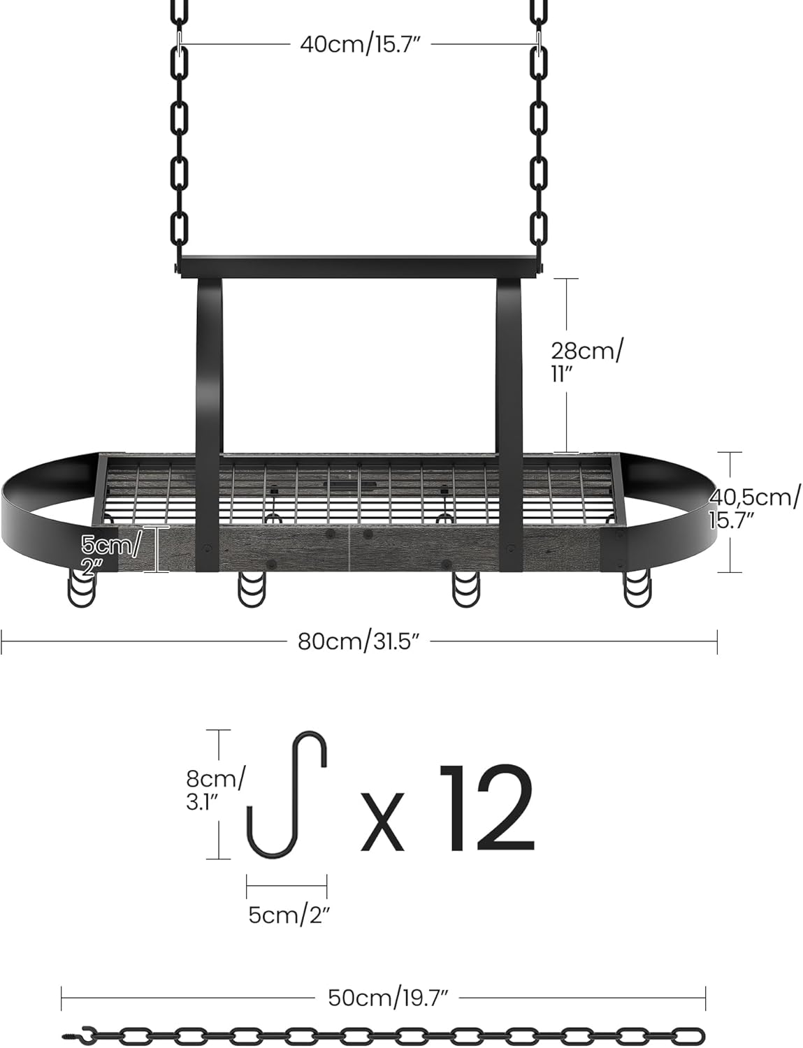 Hängendes Küchenregal mit 12 S-Haken, Schwarz