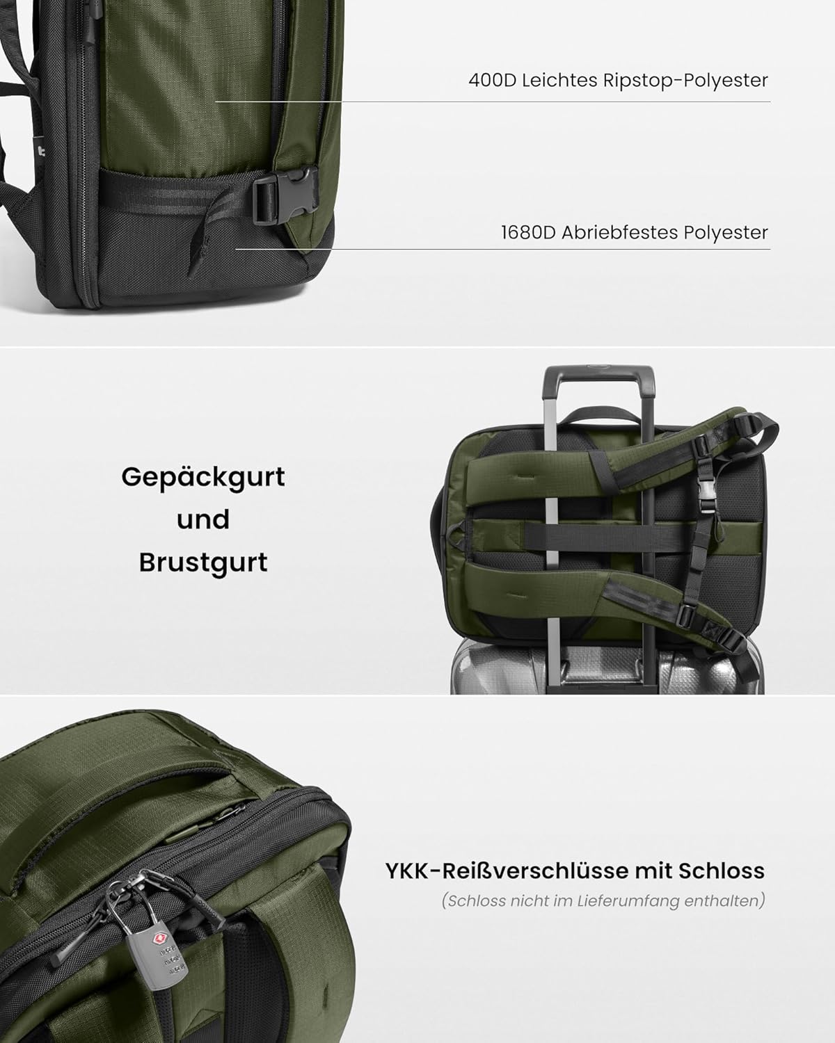 TSA-freundlicher Reiserucksack für Laptops bis 16 Zoll, 28 Liter Grün-ripstop