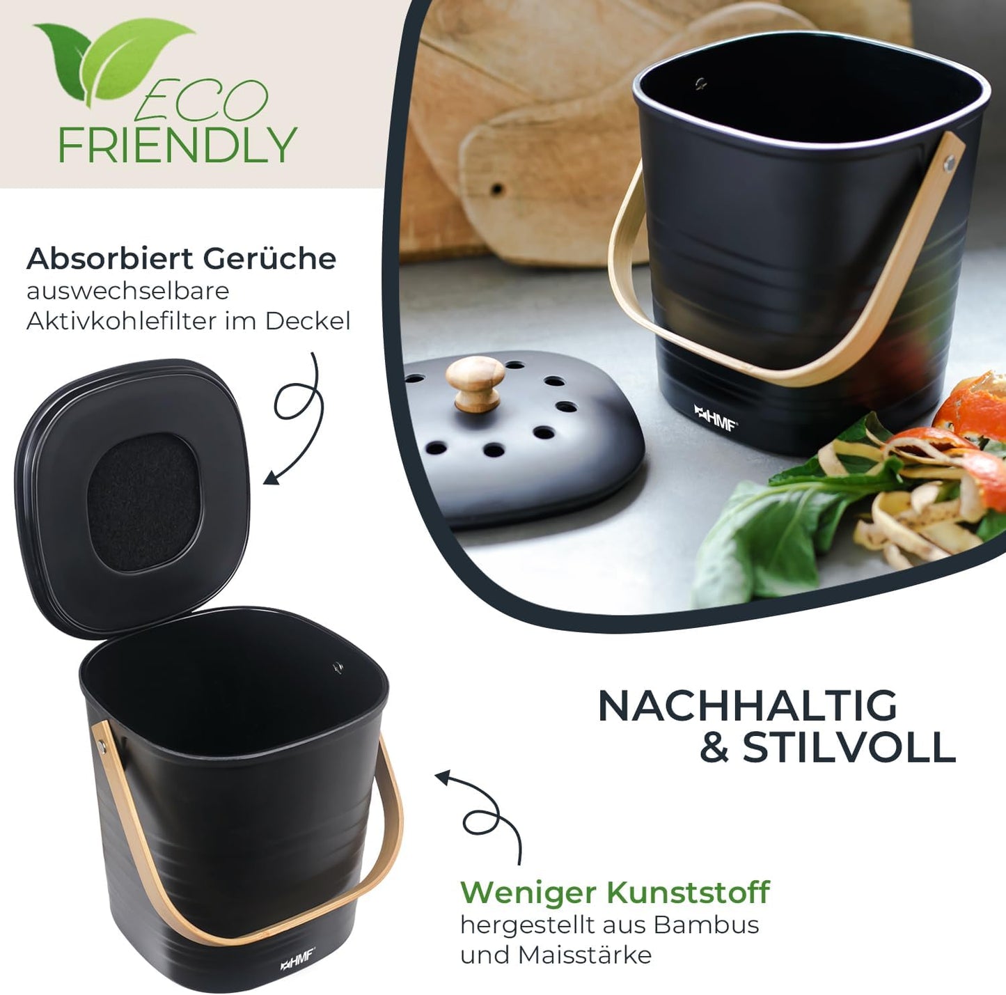 Geruchsdichter Biomülleimer mit Deckel, Schwarz 3 L