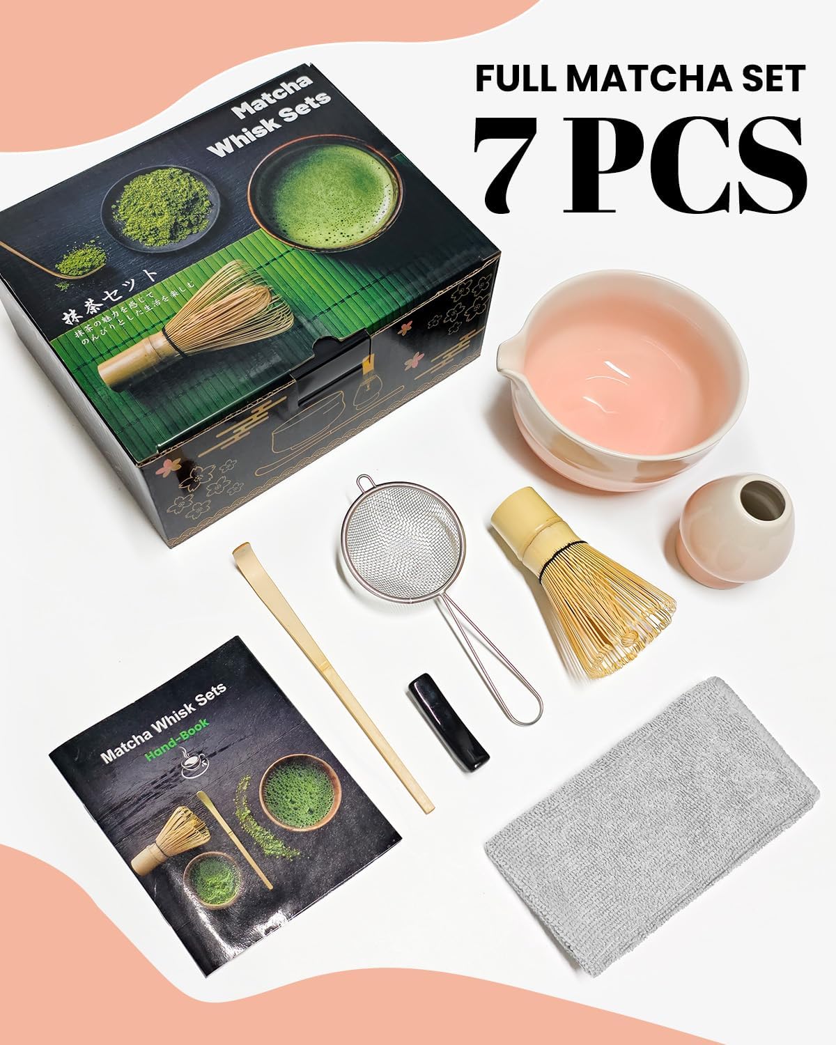 7-teiliges Matcha-Teeset mit Zubehör, Rosa Farbverlauf