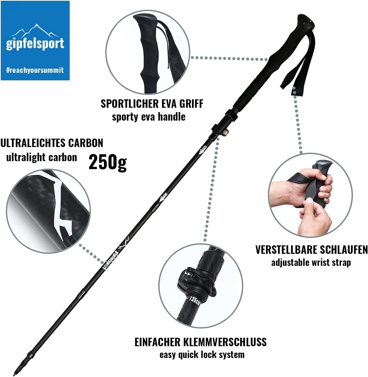 Faltbare Teleskop-Trekkingstöcke mit Tasche, Carbon mit EVA-Griff