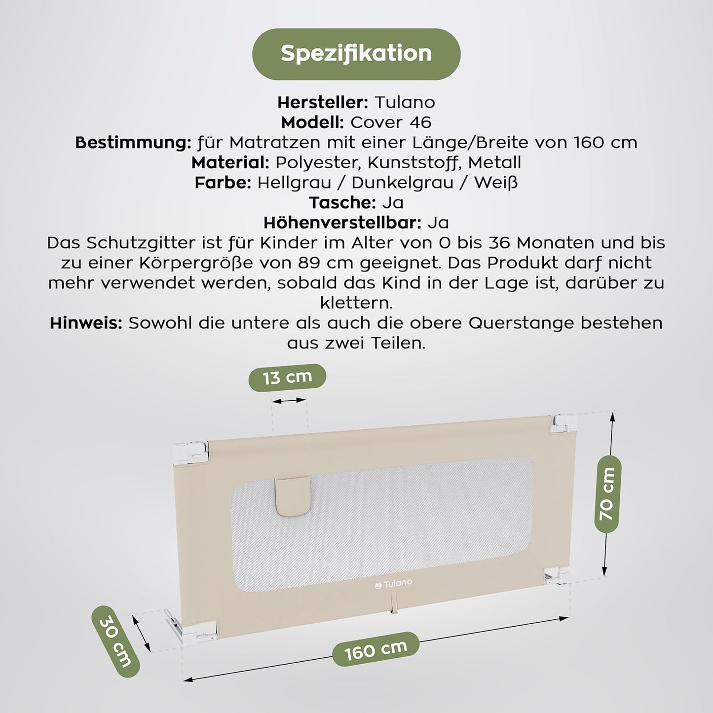 Bettschutzgitter Cover 46 mit Absenk- und Höhenverstellung, Beige