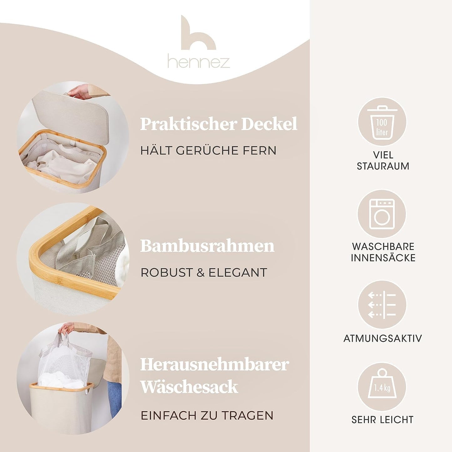 Wäschekorb mit Deckel, 100L 100l Beige-grau