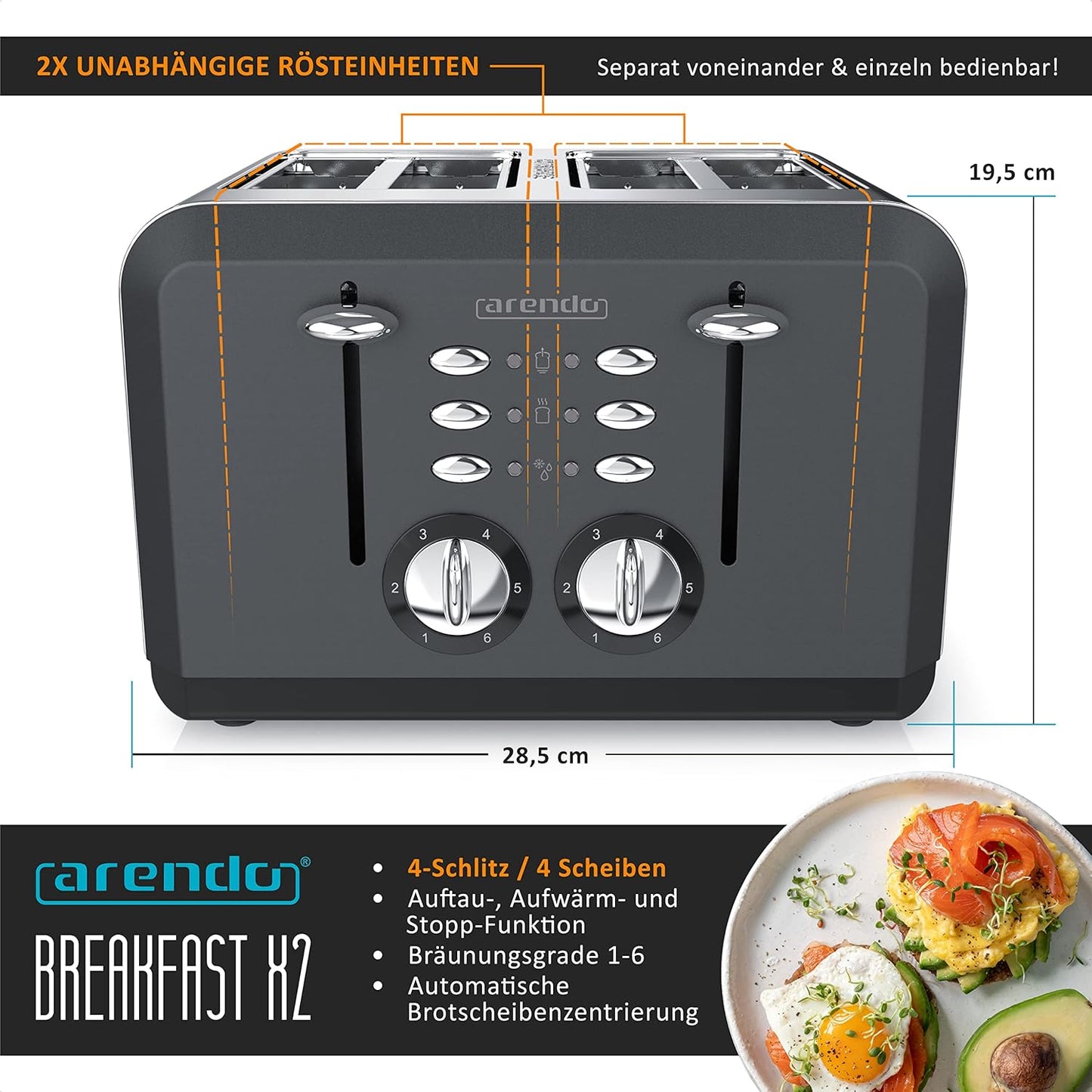 Breakfast X2 Toaster für 4 Scheiben, mit Auftau- Aufwärm- und Stoppfunktion, A: Cool Grey