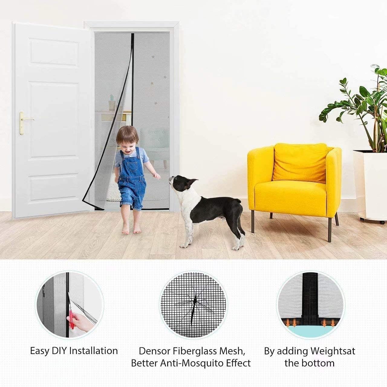 Magnet Fliegengitter Tür Insektenschutz ohne Bohren, Schwarz 85x210cm