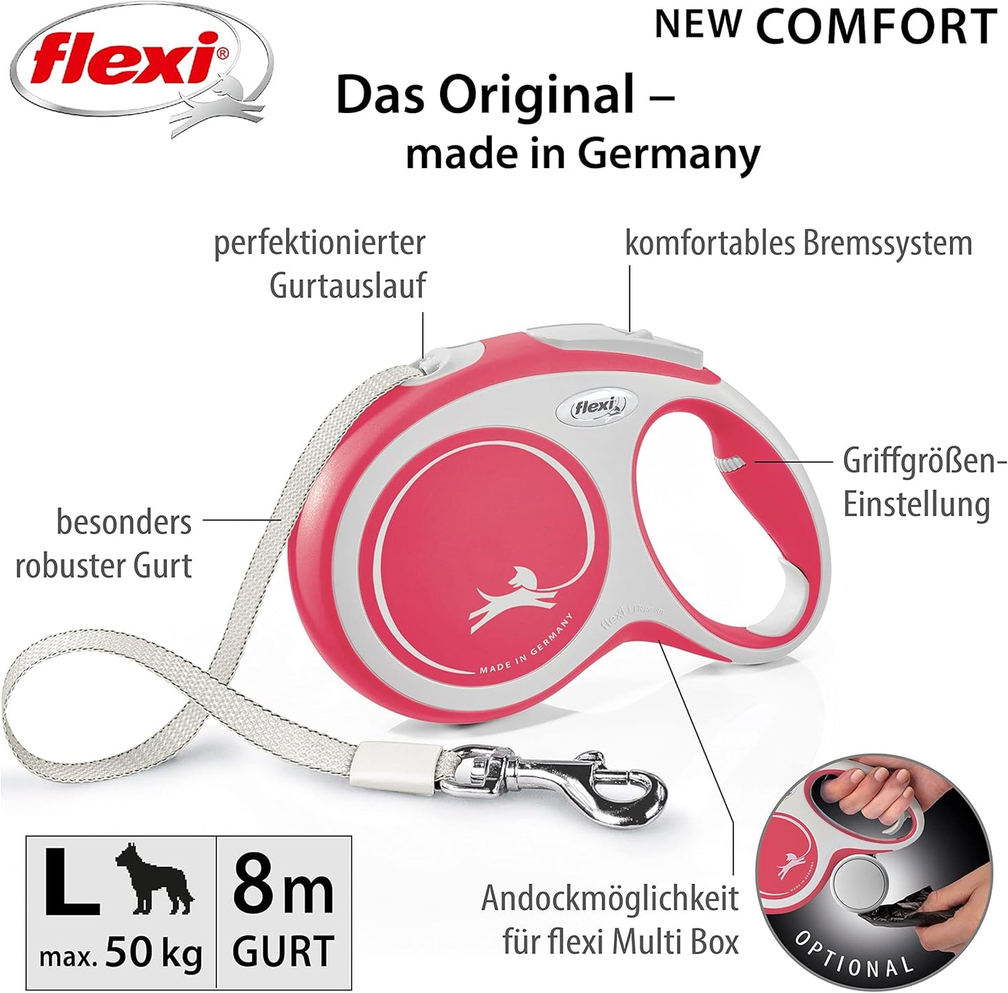 New Comfort Rollleine, L: 8m (<50kg) rot