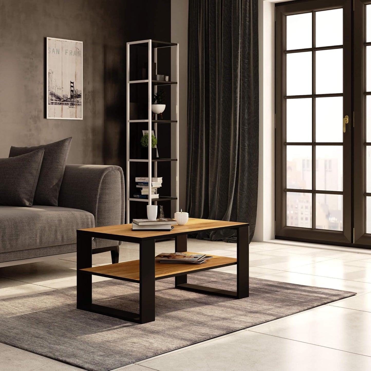 Minimalistischer Couchtisch mit Ablage, Handwerkliche Eiche Schwarz