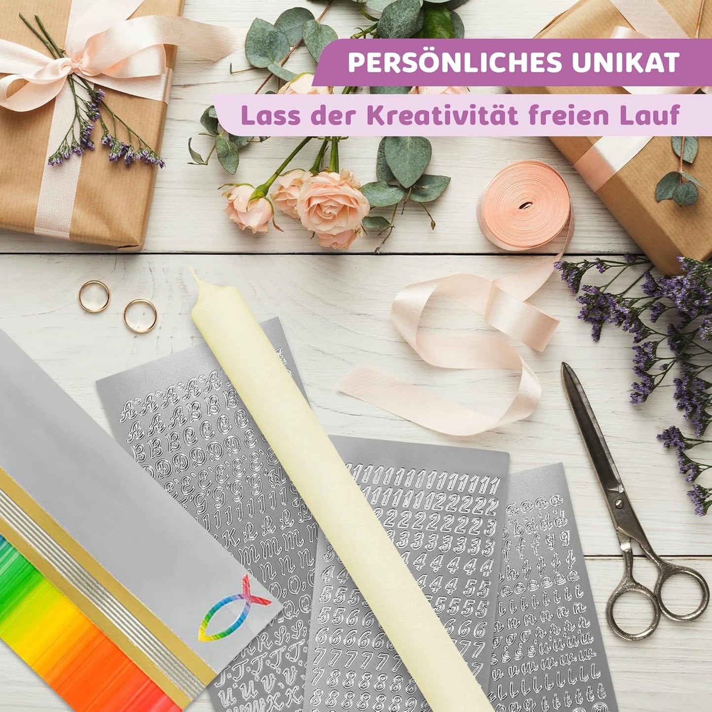 Kerzen-Rohling Set zum selbst gestalten, Regenbogen Gold | Silber mit Fisch Kerze 40x4 cm | Creme
