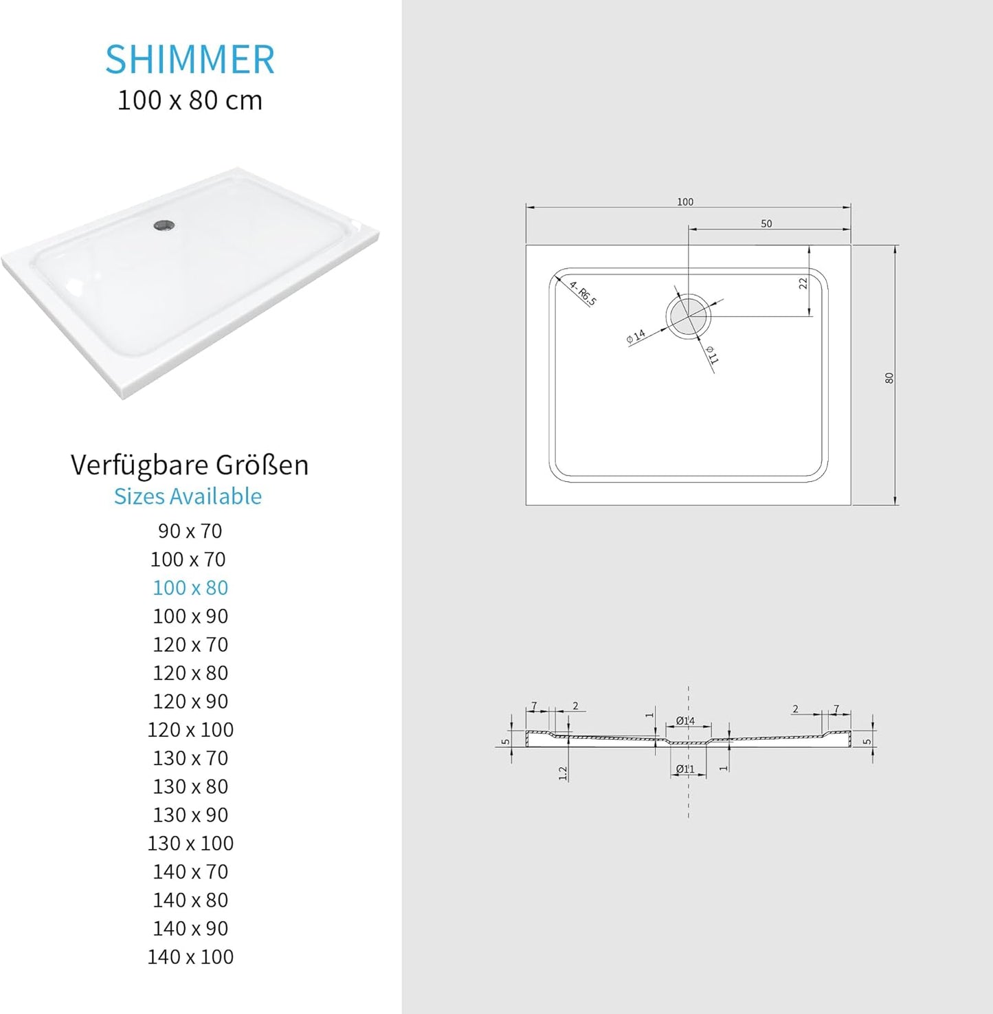 Extra flache Duschwanne Shimmer mit Siphon, 80x100 cm