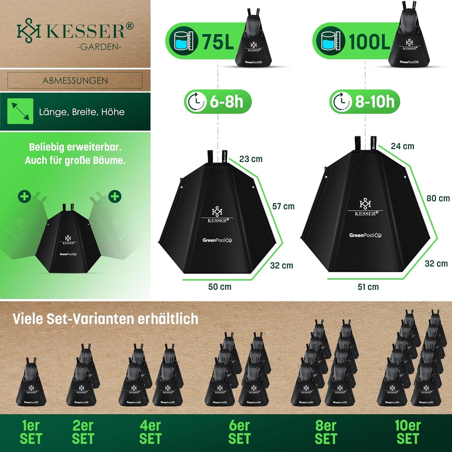 Baumbewässerungssack Set mit Diebstahlschutz, 100 Liter 4er Set Schwarz