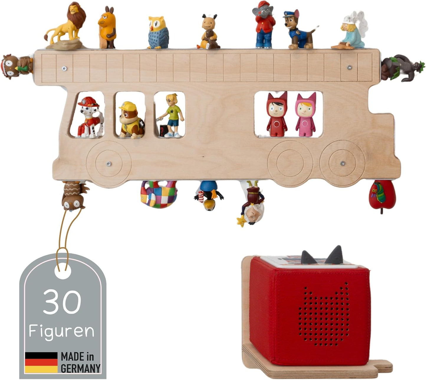 Feuerwehr-Wandregal für Toniebox und Figuren, Feuerwehr-Set mit Box-Halter, Holz