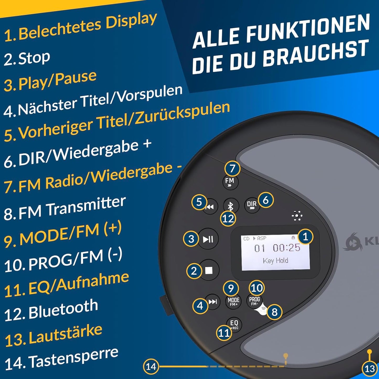 Tragbarer CD-Player mit Bluetooth, Schwarz
