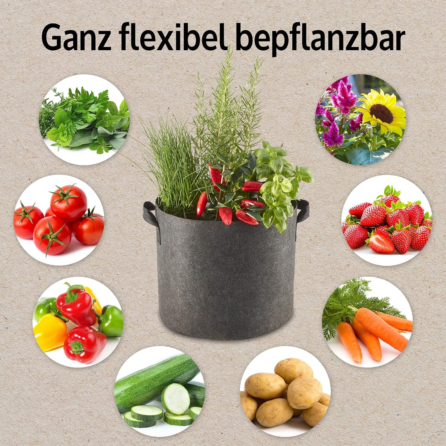 Pflanztaschen-Set aus Vlies, 6 Stück x 60 Liter