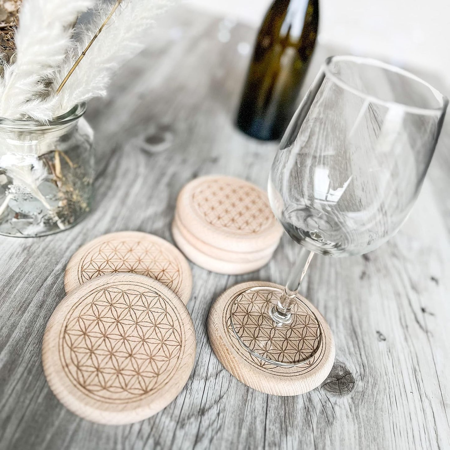 Glasuntersetzer-Set mit Ständer und Blume des Lebens Motiv