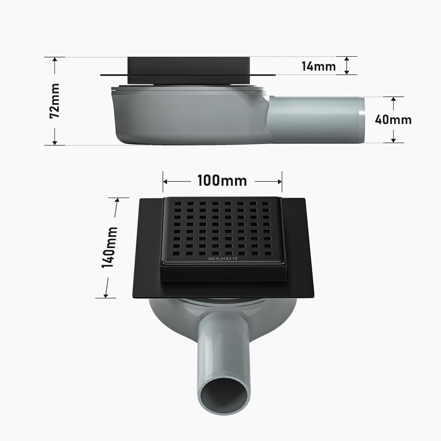 Quadratische Duschrinne mit Siphon und Geruchsstop, Schwarz 10cm