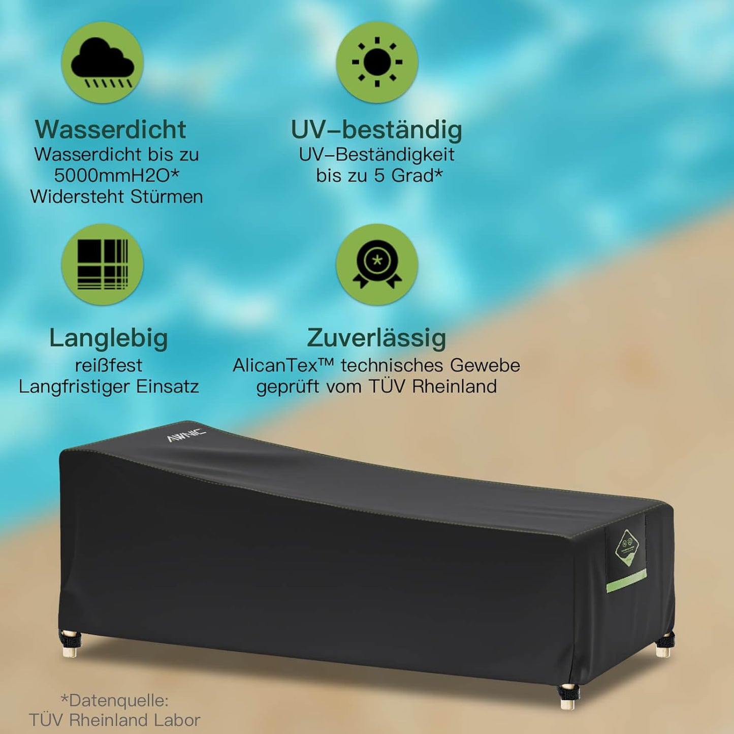 Gartenliege Abdeckung Wasserdicht & Reissfest, Schwarz 200x75x40/70cm 1