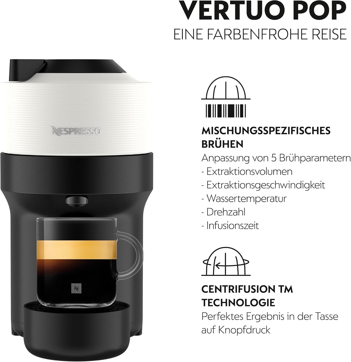 Vertuo Pop Kaffeekapselmaschine mit One-Touch-System, XN9201 Coconut White