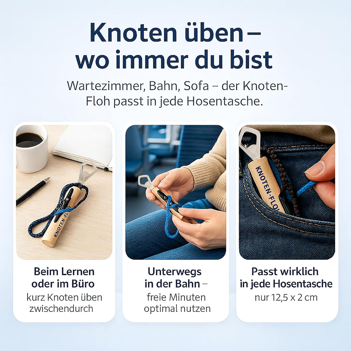 Knoten-Übungsset für Bootsführerschein & Feuerwehr, Schwarz/Blau mit Flaschenöffner