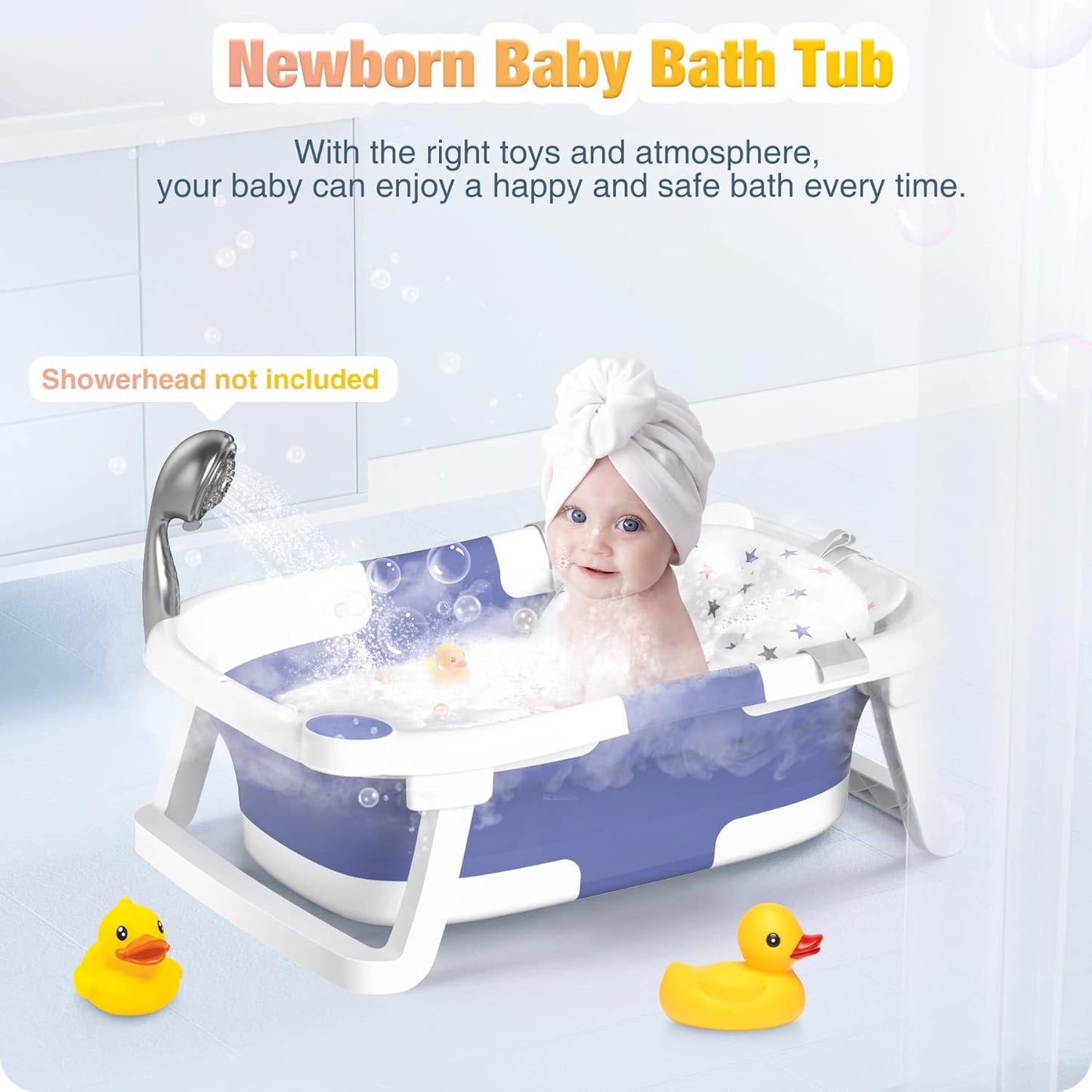 Faltbare Babybadewanne mit Rutschschutz und Abflussloch, Blau