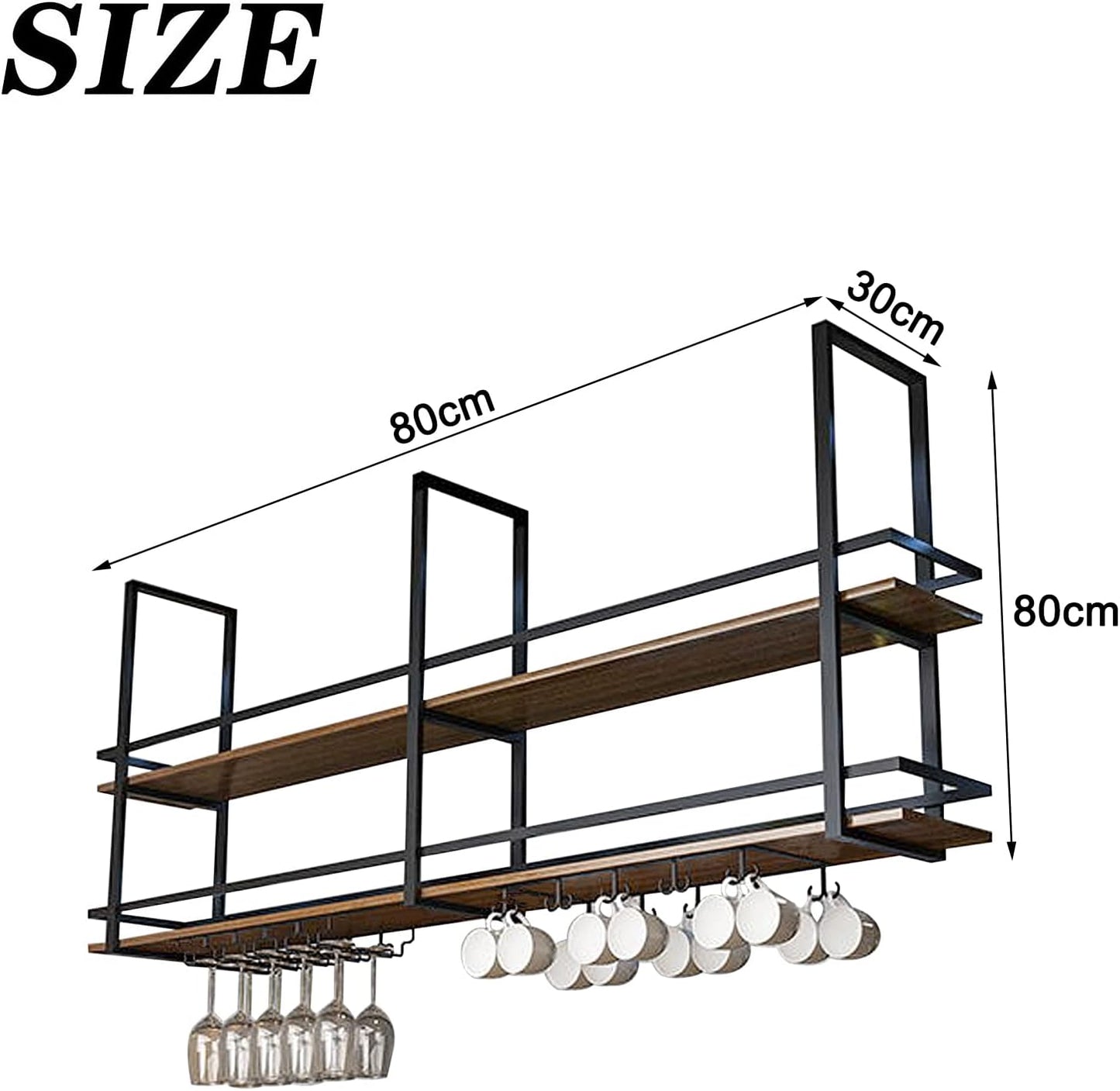 Deckenhängeregal mit Glas- und Tassenhalter im Industrie-Design, 80×30×80cm Schwarz