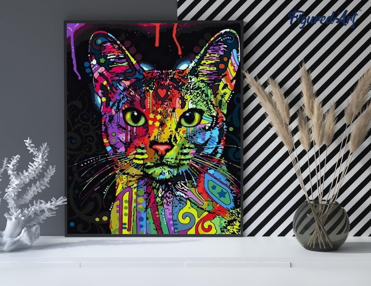 Malen nach Zahlen - Moderne fraktale Katze, Moderne fraktale Katze 40x50cm Mit Keilrahmen (nicht gespannt)