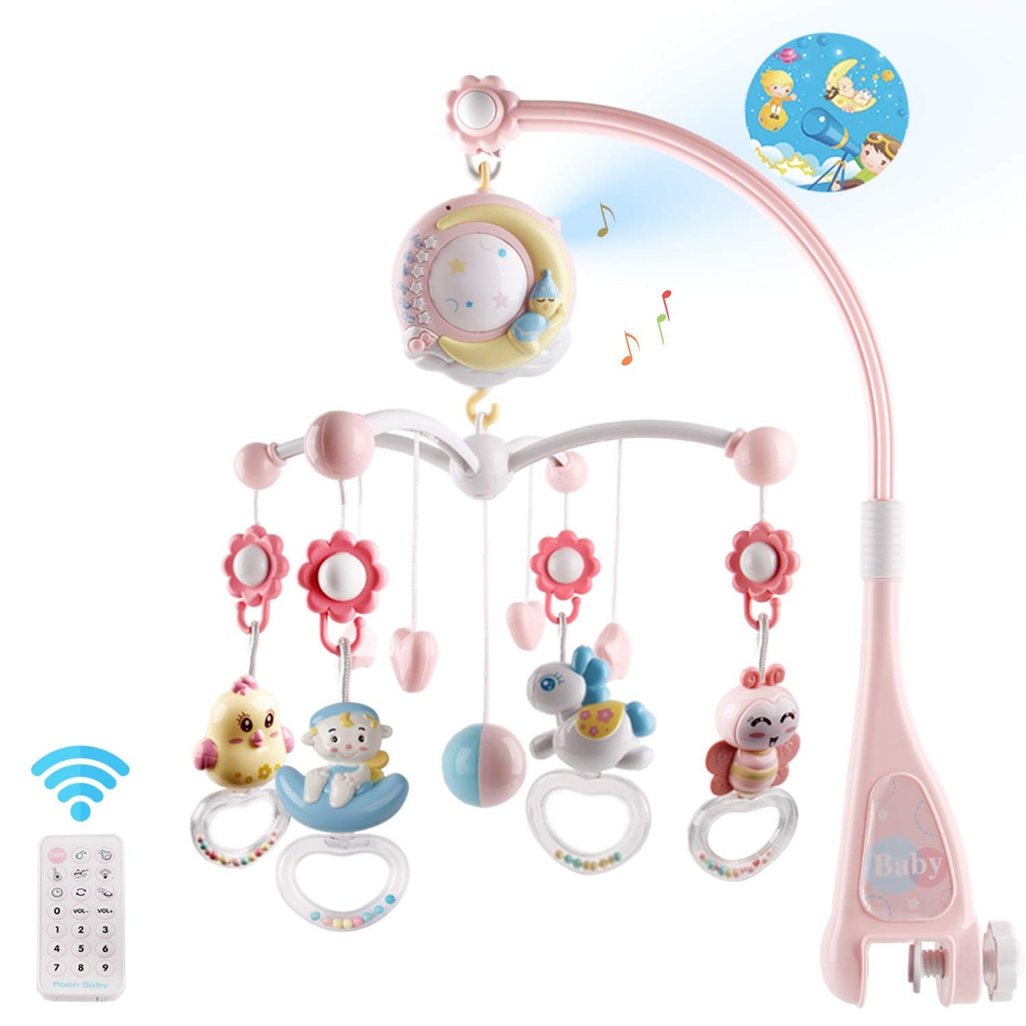 Babybett-Mobile mit 150 Melodien, Projektor, Fernbedienung, Rotationsfunktion und Timer, Rosa