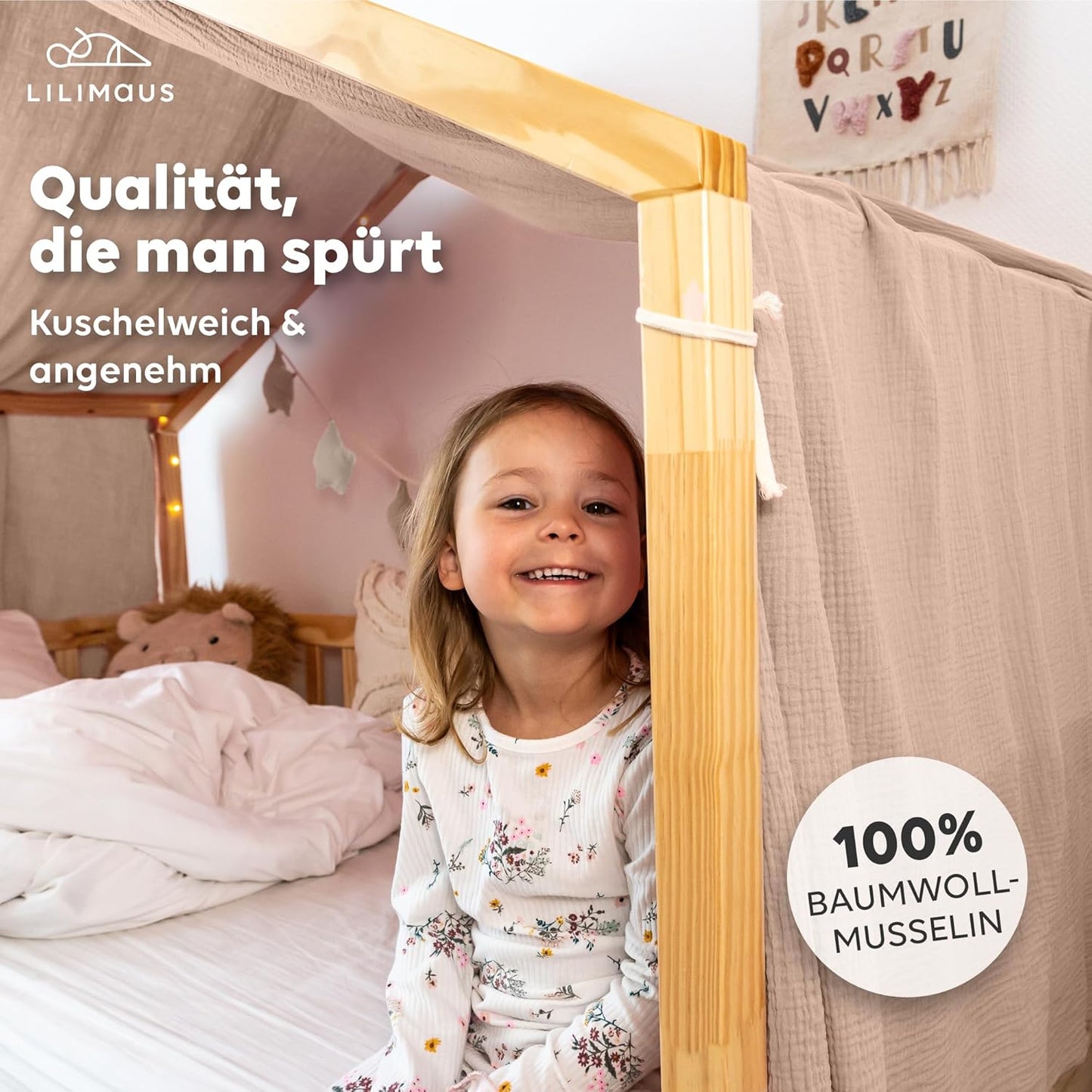 Stoffhimmel für Kinder-Hausbett, Beigerosa 135 x 320cm