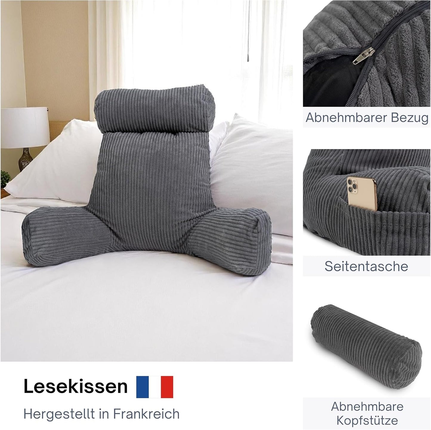 Ergonomisches Lesekissen mit Armlehnen, Kissen abnehmbar Grau - Cord-samt - Abnehmbar