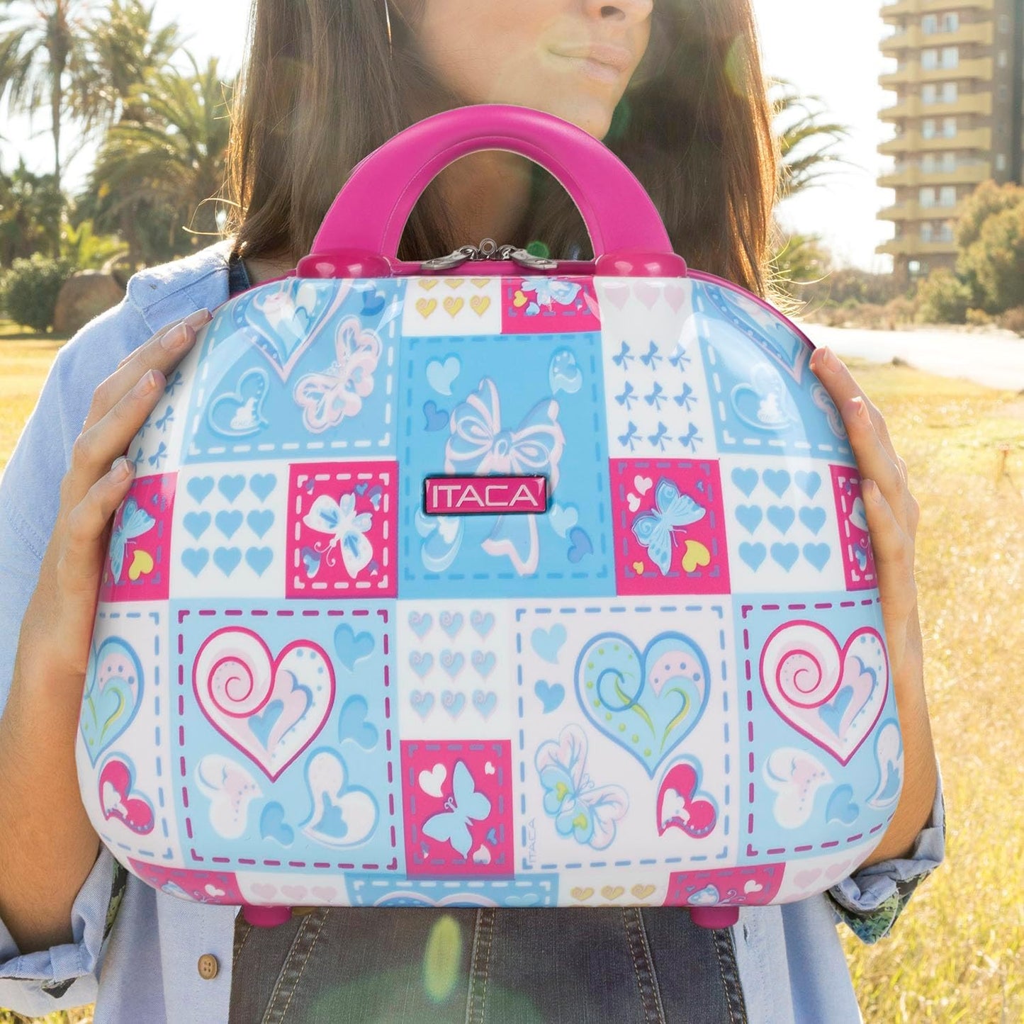 Hartschalen-Kosmetikkoffer mit Kofferhalterung, XS Blau-fuchsia