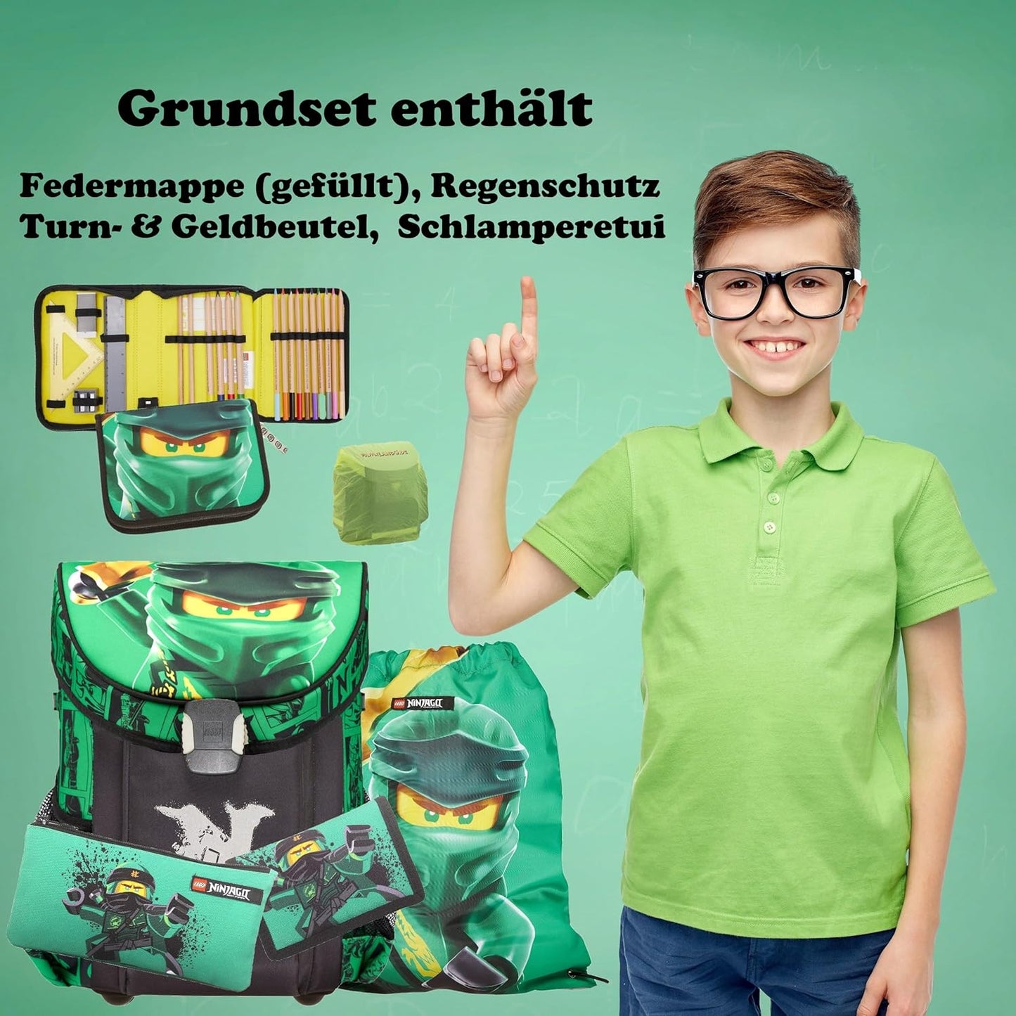 9-teiliges Schulranzen-Set Ninjago, Grün, 9-teiliges Set mit Sporttasche