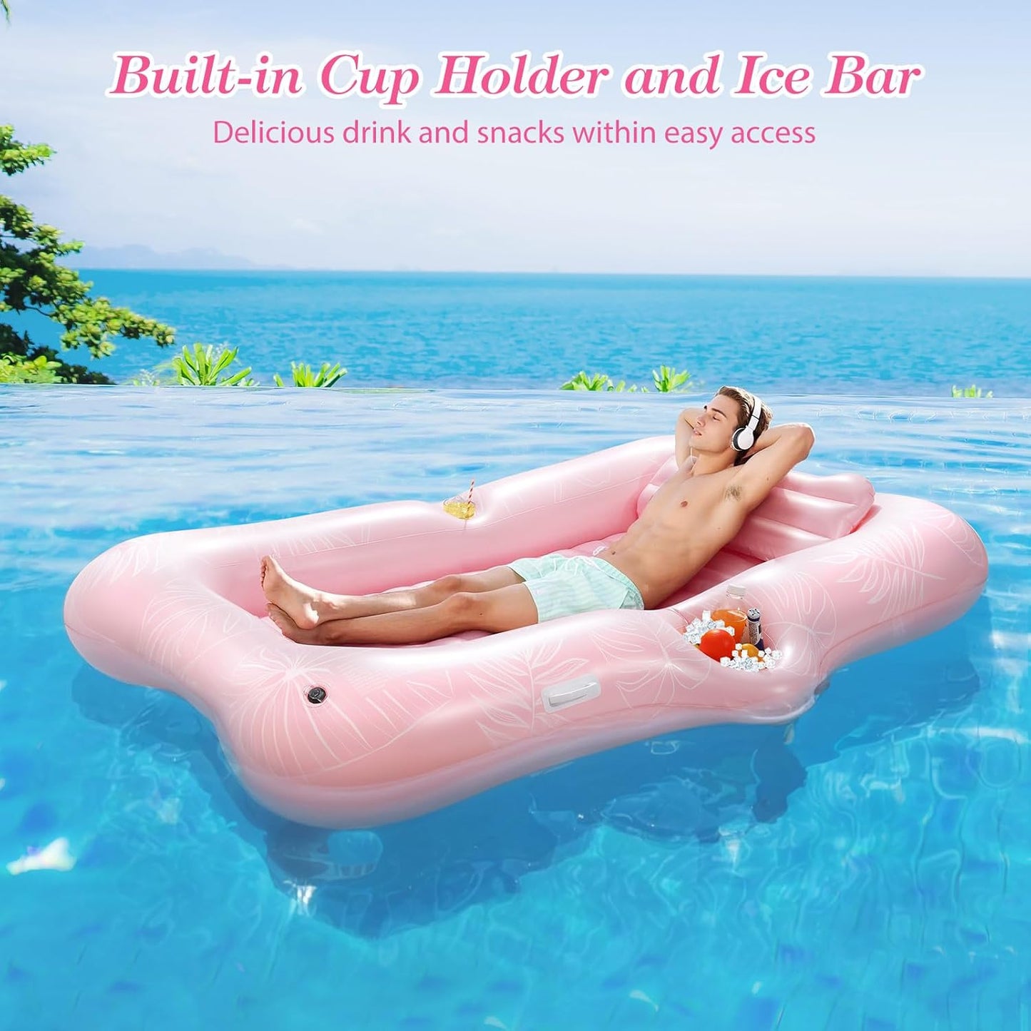 Aufblasbare Pool-Lounge mit Getränkehalter und Eisbar, M Size Pink
