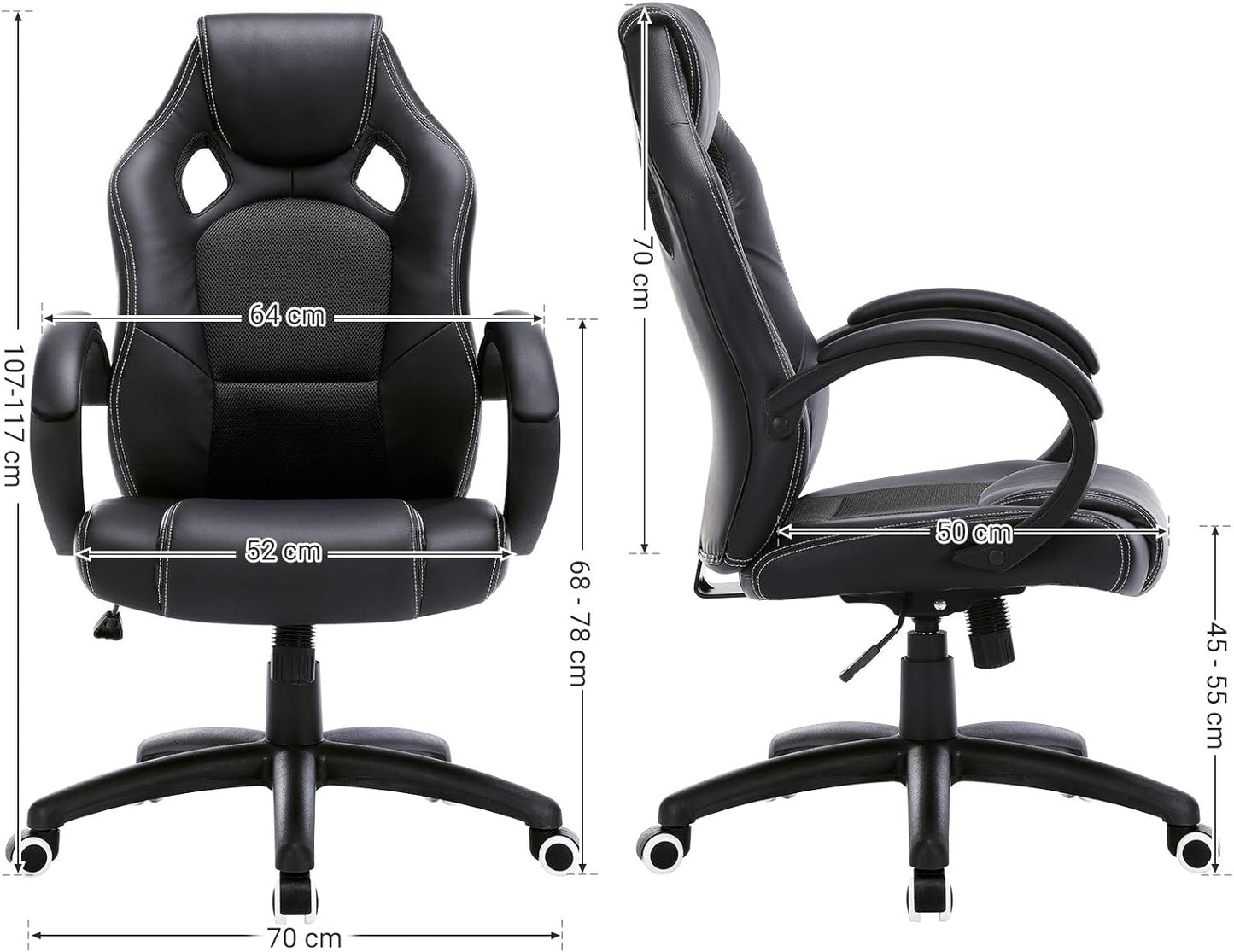 Racing Stuhl, Schwarz ; 52 x 50 x (107-117) cm