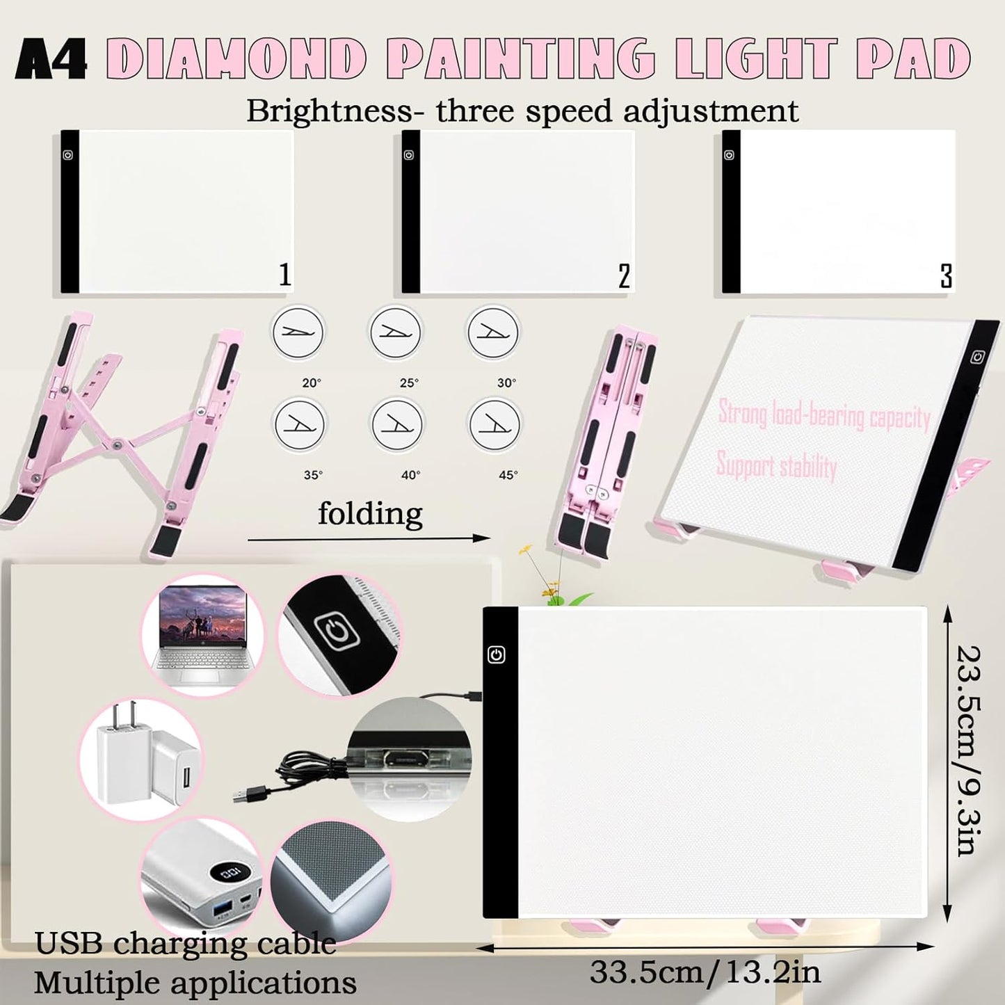 Diamant Malerei Werkzeug Set mit Lichtplatte, Rosa A4