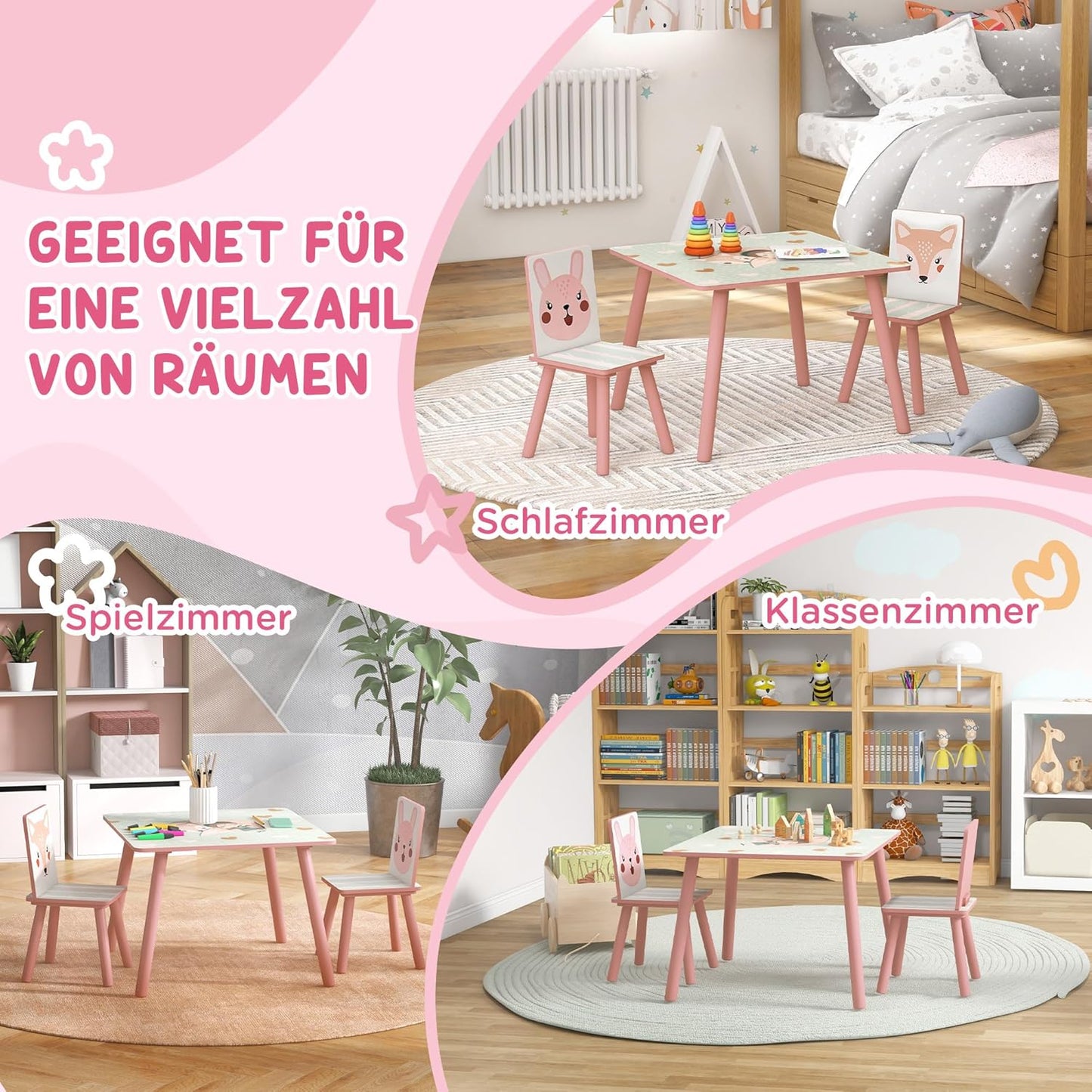 3-teilige Kindersitzgruppe mit Tiermotiv, Rosa