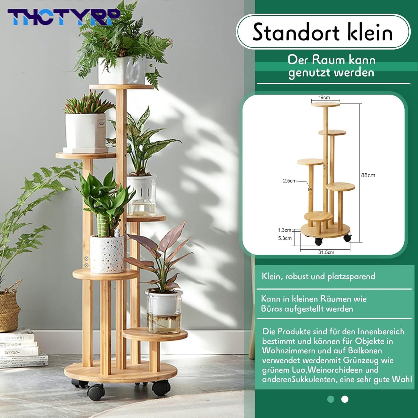 5-stöckiger Blumenständer mit Rädern, fünfter Stock Holzfarbe