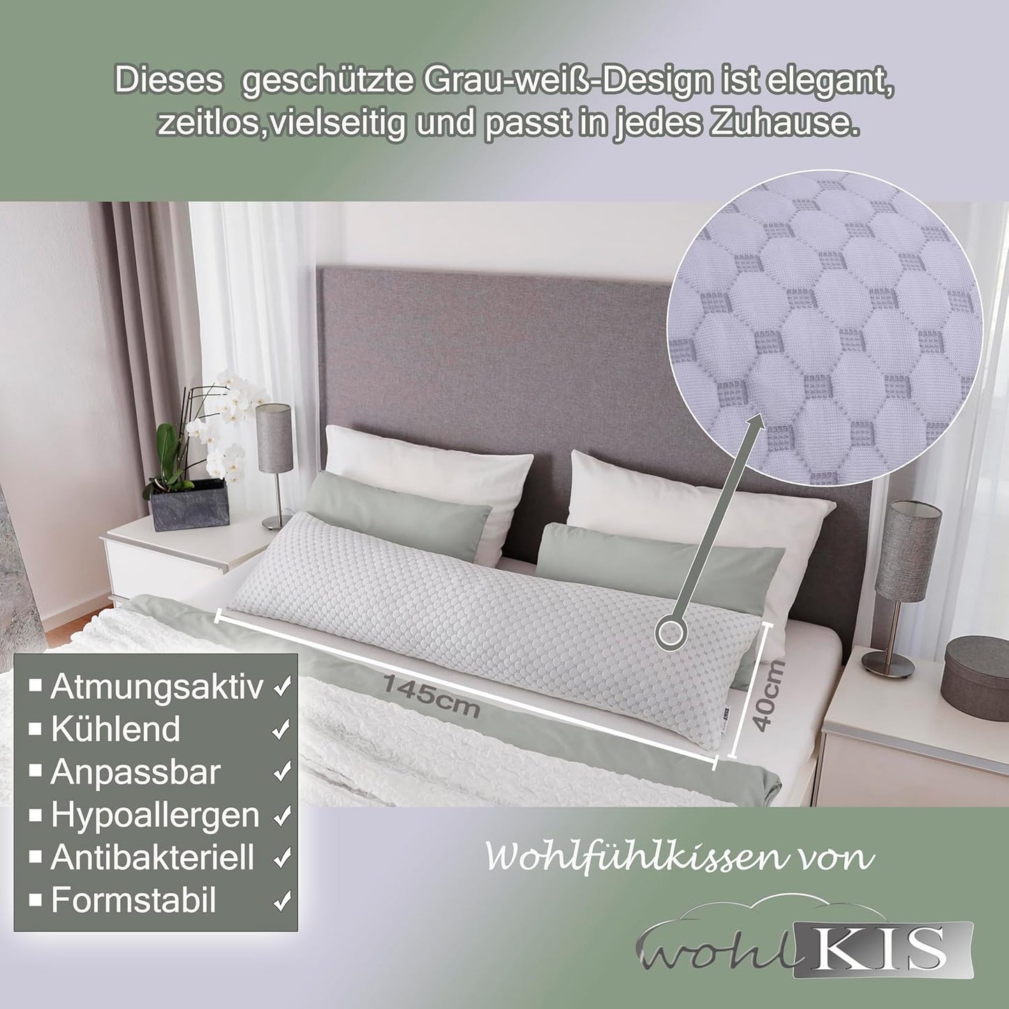 Seitenschläferkissen mit Memory Foam 40x145 cm