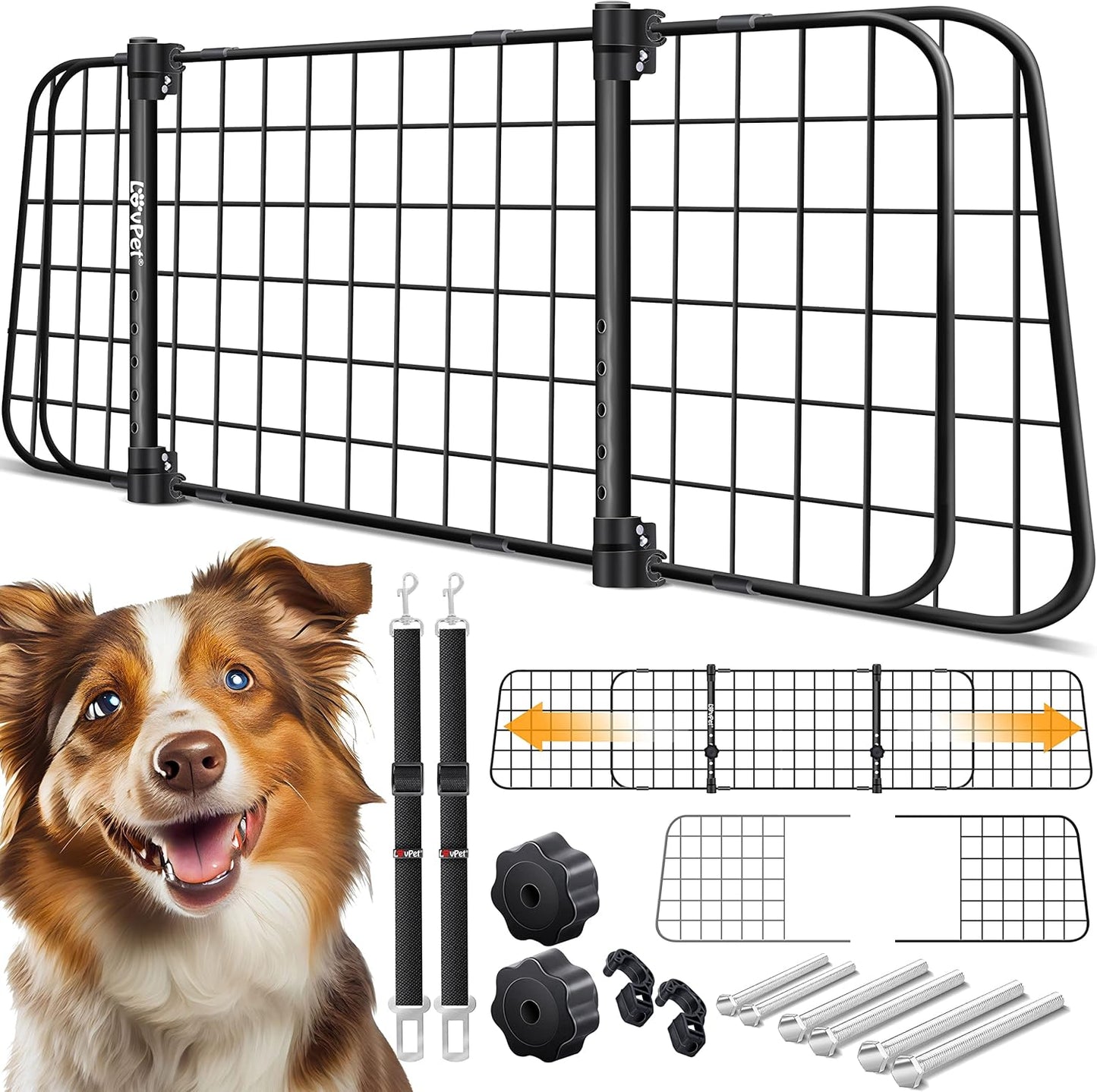 Auto Hundegitter, verstellbar inkl. 2 Sicherheitsgurten, Schwarz