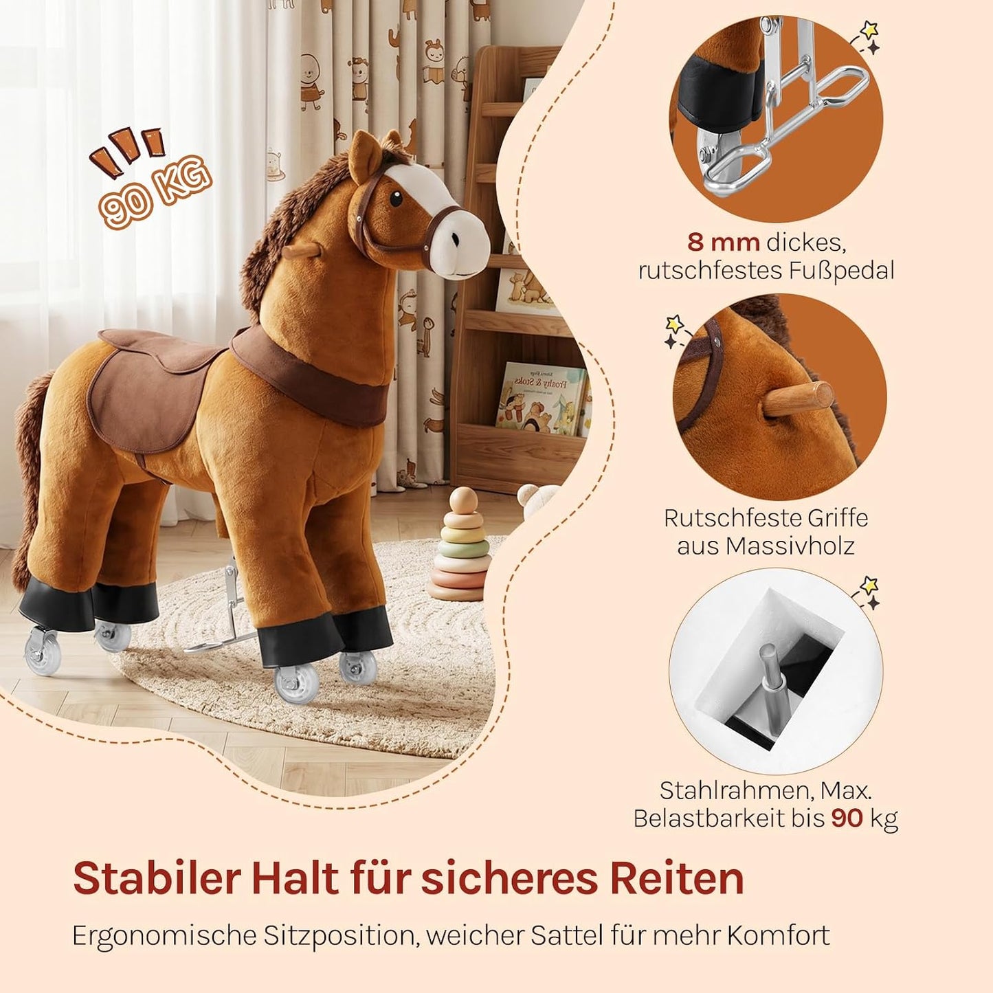 Reitpferd auf Rollen mit Soundfunktion, 95x94x35 cm