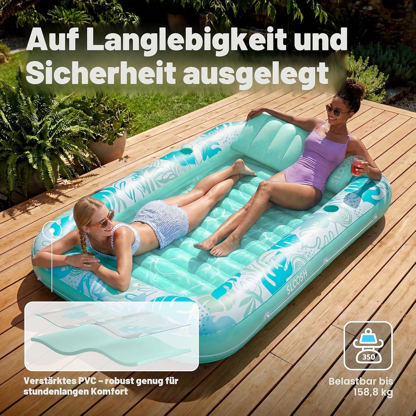 Aufblasbarer 4-in-1 Sonnenliegepool mit Kissen und Getränkehalter, Cyanweiss XL